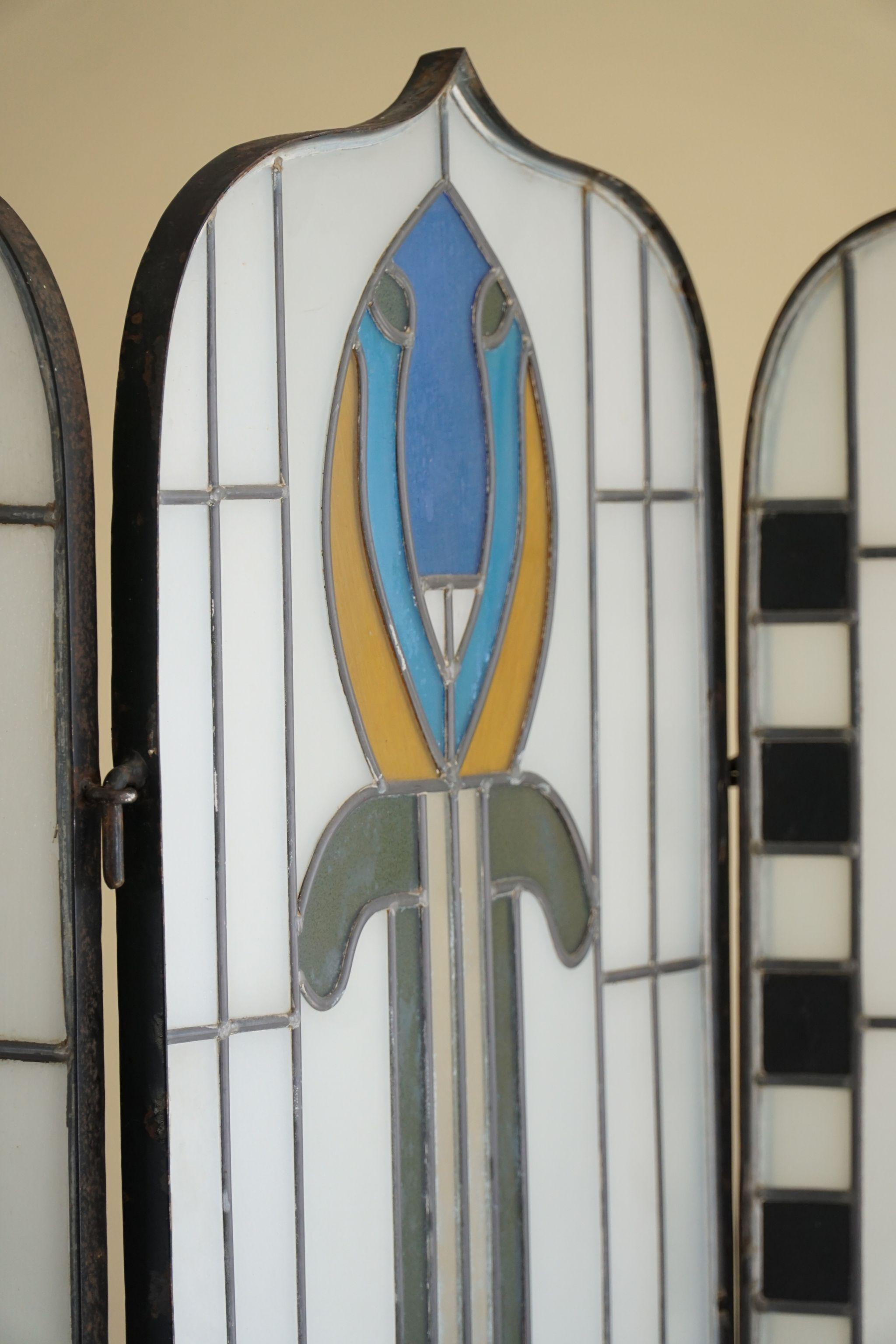 Jugendstil Screen / Room Divider, Painted Glass, Art Nouveau, Early 1900s 3