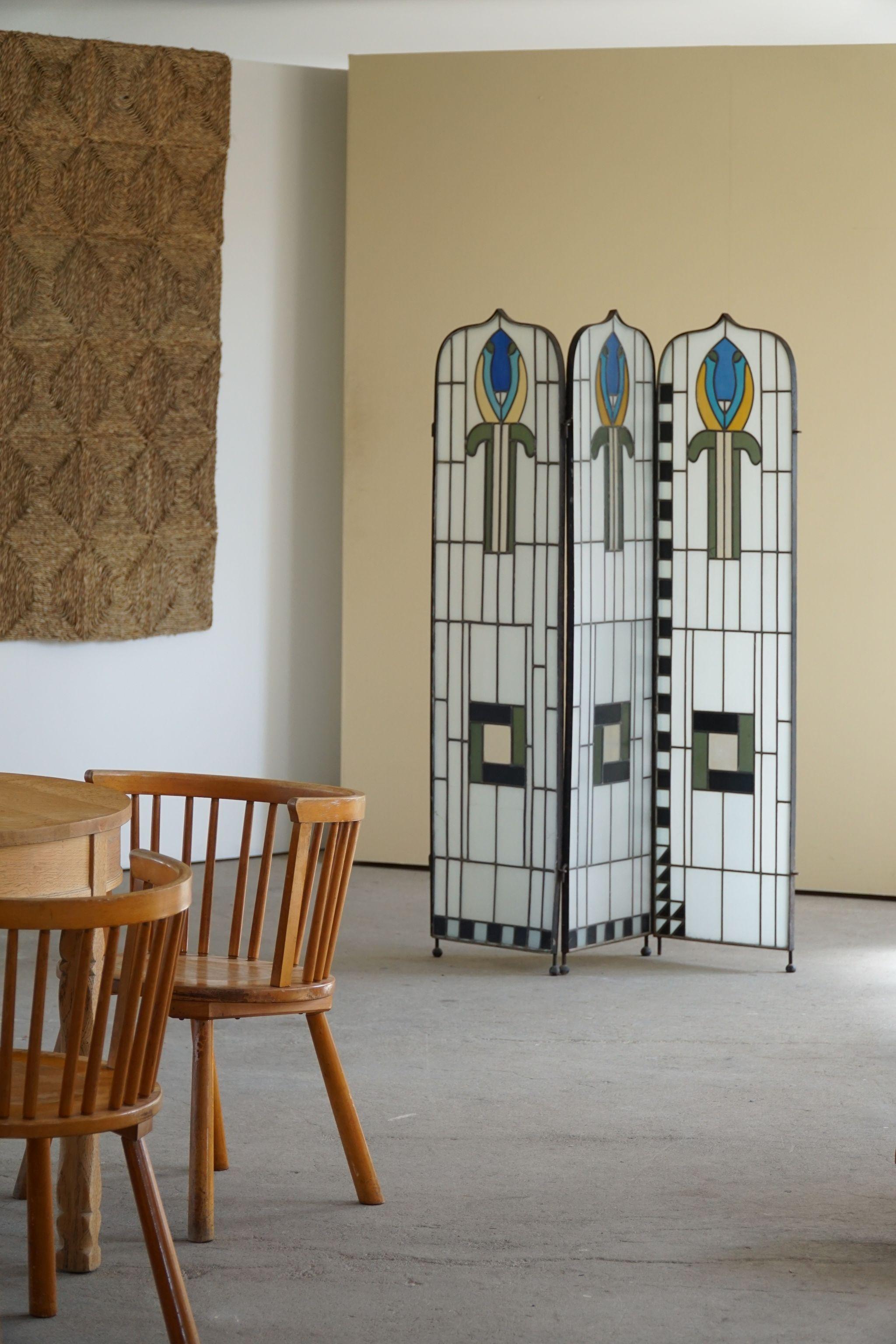 Jugendstil Screen / Room Divider, Painted Glass, Art Nouveau, Early 1900s In Good Condition For Sale In Odense, DK
