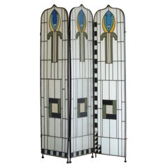 Jugendstil Screen / Room Divider, Painted Glass, Art Nouveau, Early 1900s