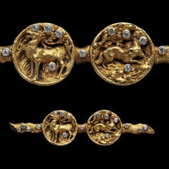 Jugendstil Signed 'Fox and Stag' Gold and Diamond Brooch, circa 1895