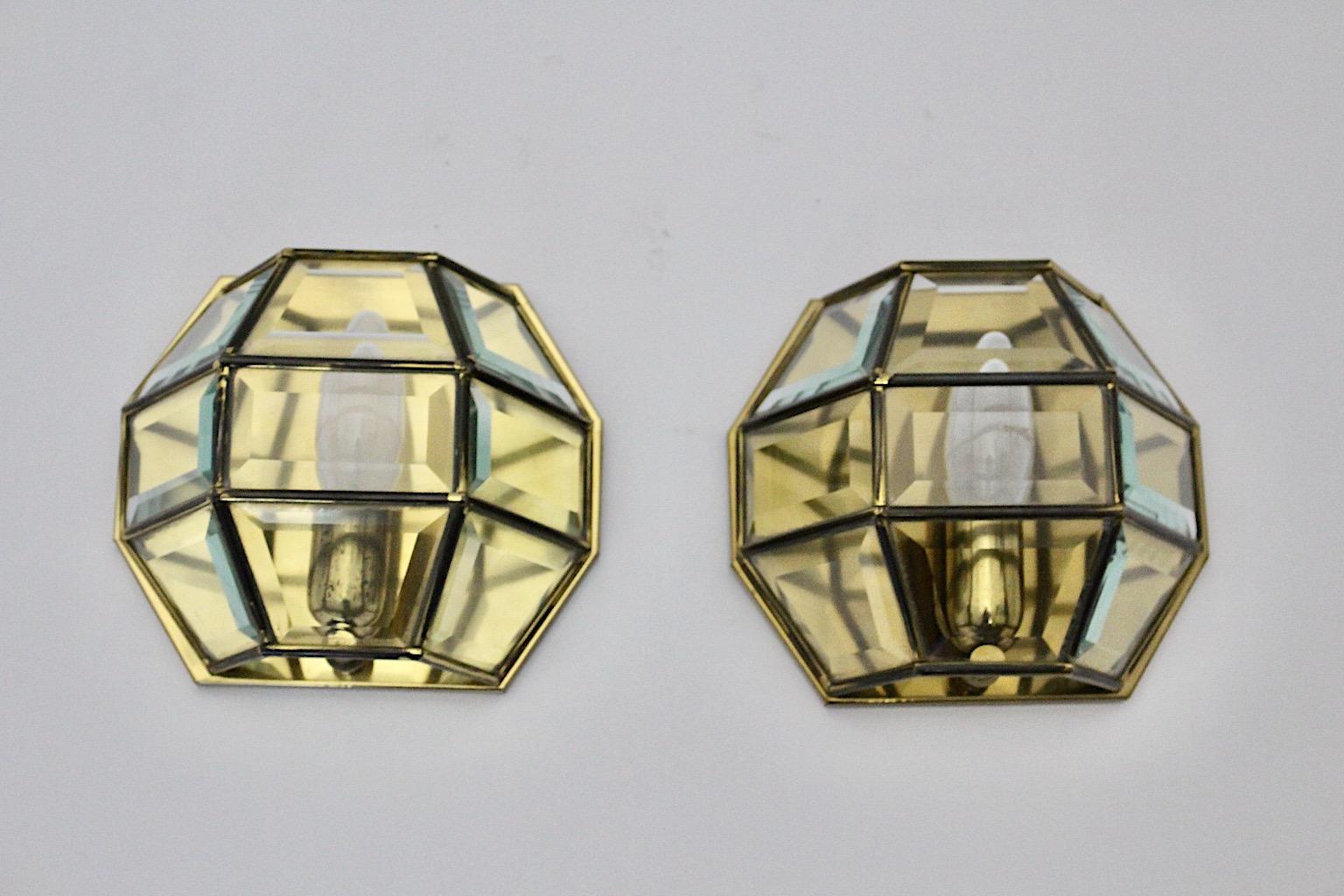 Austrian Jugendstil Style Adolf Loos Style Sconces Wall Lights Brass Glass 1970s For Sale