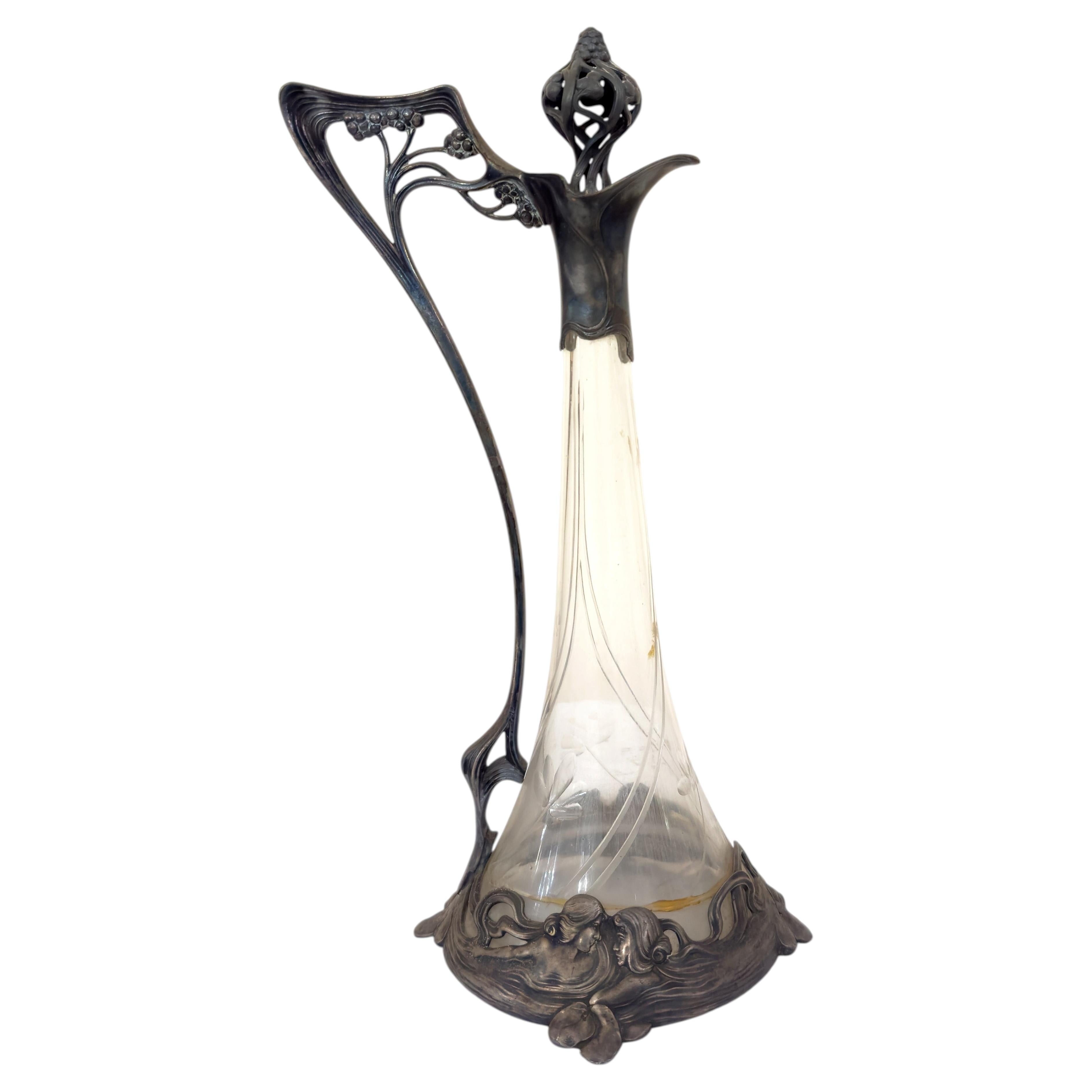Jugendstil Style Lady Glass Claret Jug Decanter Bottle, 20th Century For Sale