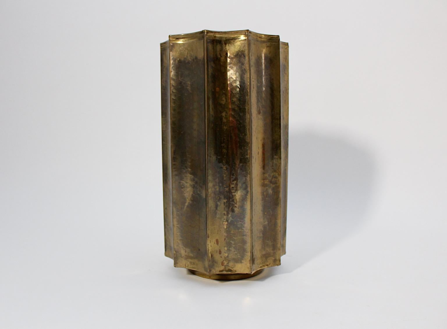 Austrian Jugendstil Style Vintage Brass Paper Basket Cane Holder 1950s Austria For Sale