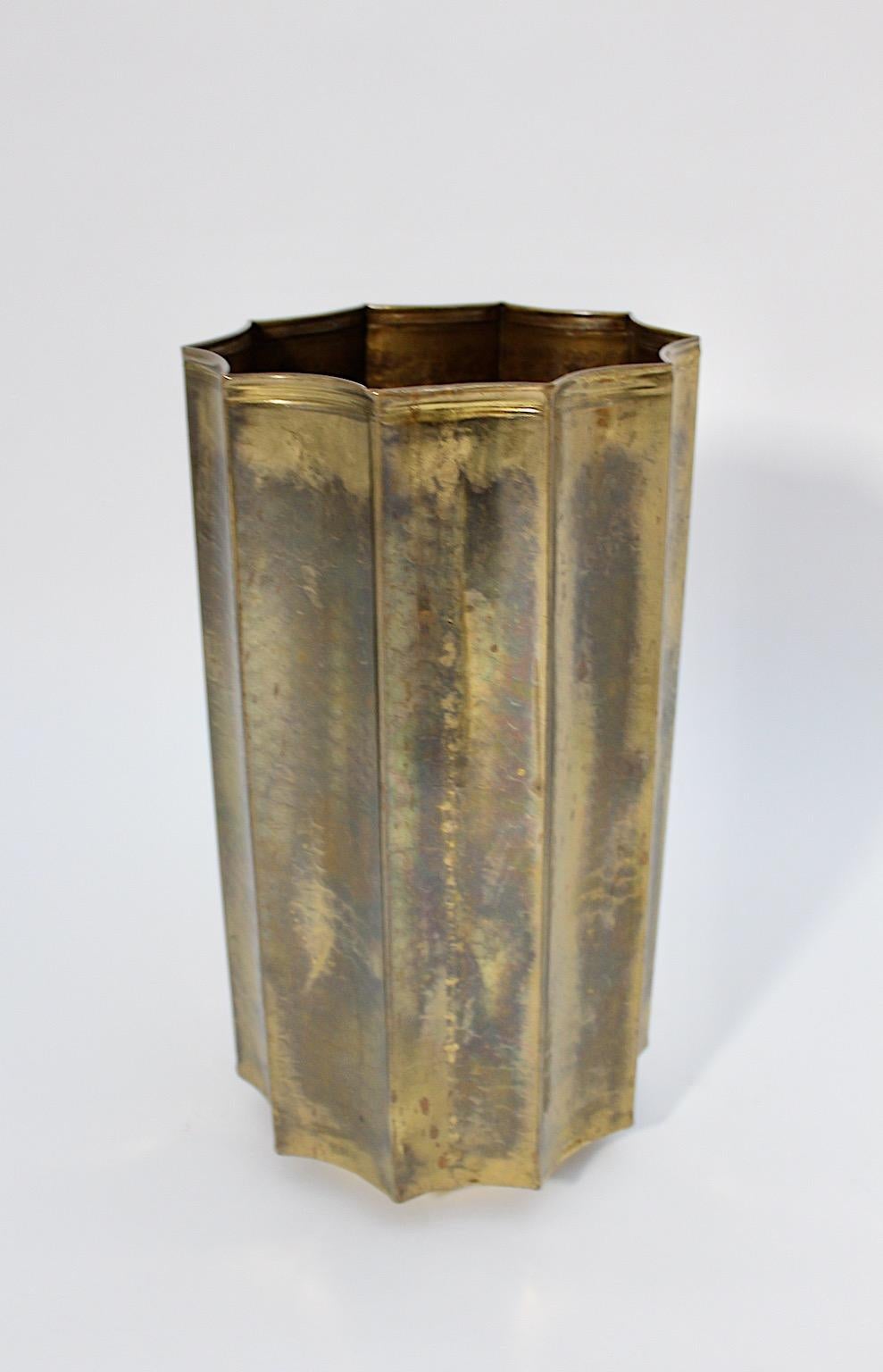 Jugendstil Style Vintage Brass Paper Basket Cane Holder 1950s Austria In Good Condition For Sale In Vienna, AT