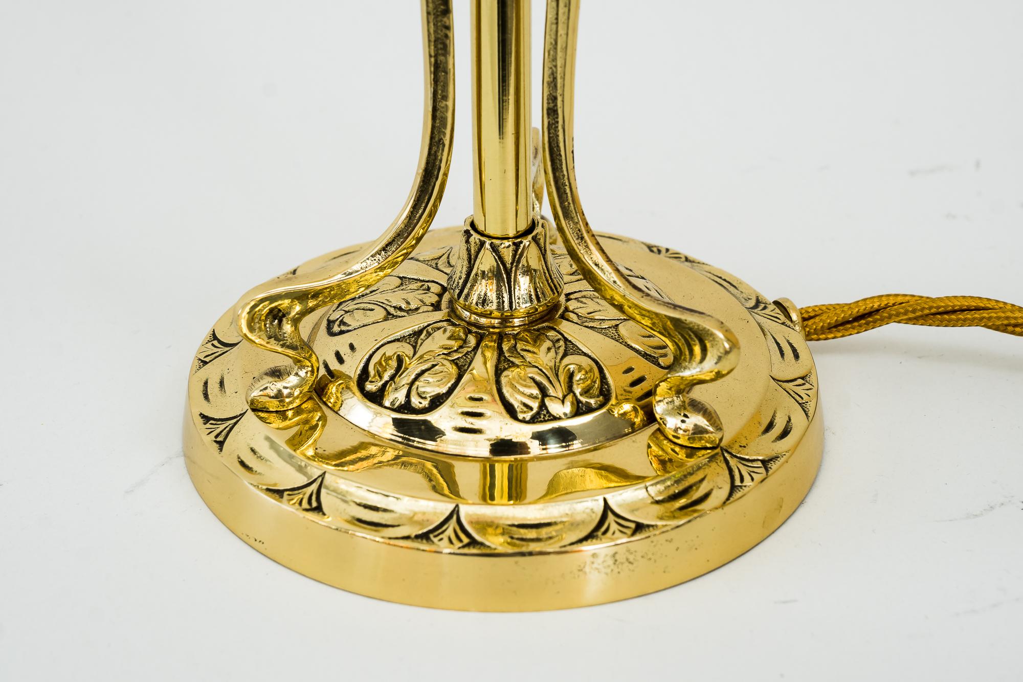 Brass Jugendstil Table Lamp Around 1908 with Original Palme Koenig Glass Shade