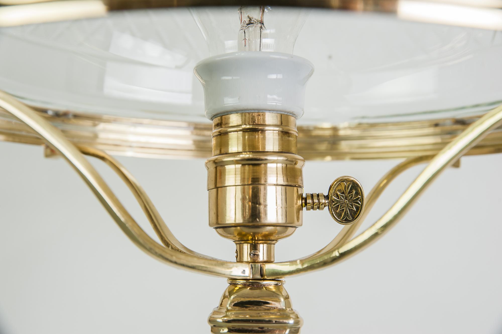 Brass Jugendstil Table Lamp Vienna with Original Cut Glass Shade, 1909