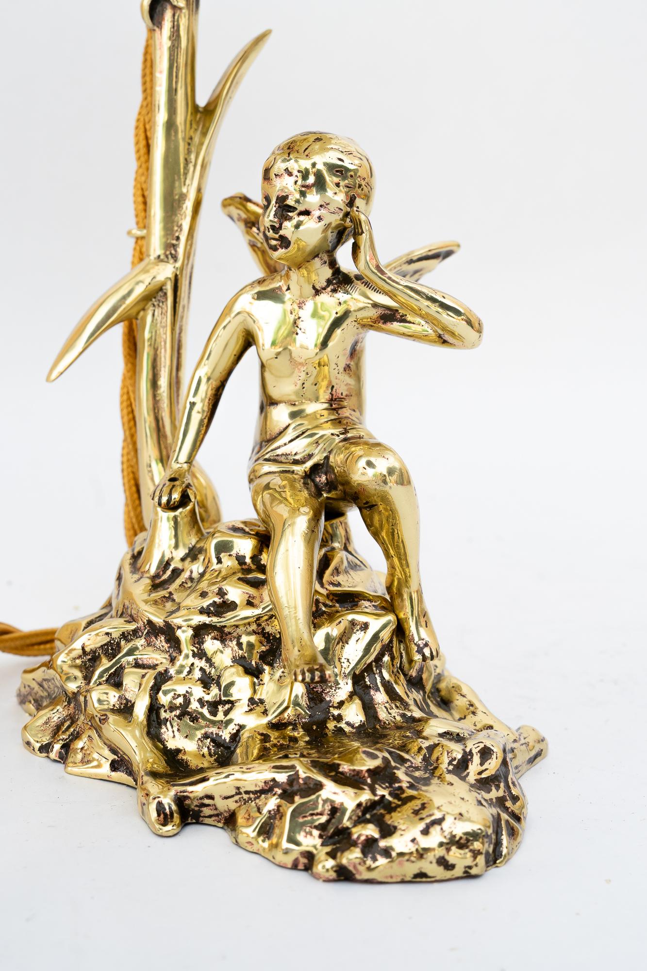Brass Jugendstil table lamp with fabric shade vienna around 1908 For Sale