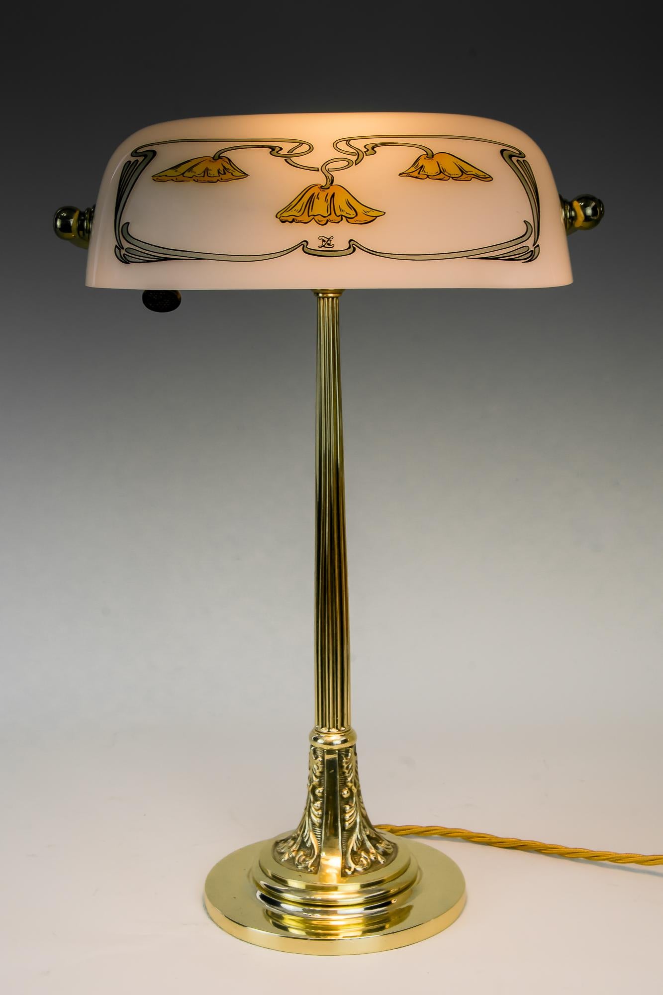 Polished Jugendstil Table Lamp with New Glass Shade, Vienna, circa 1908 For Sale