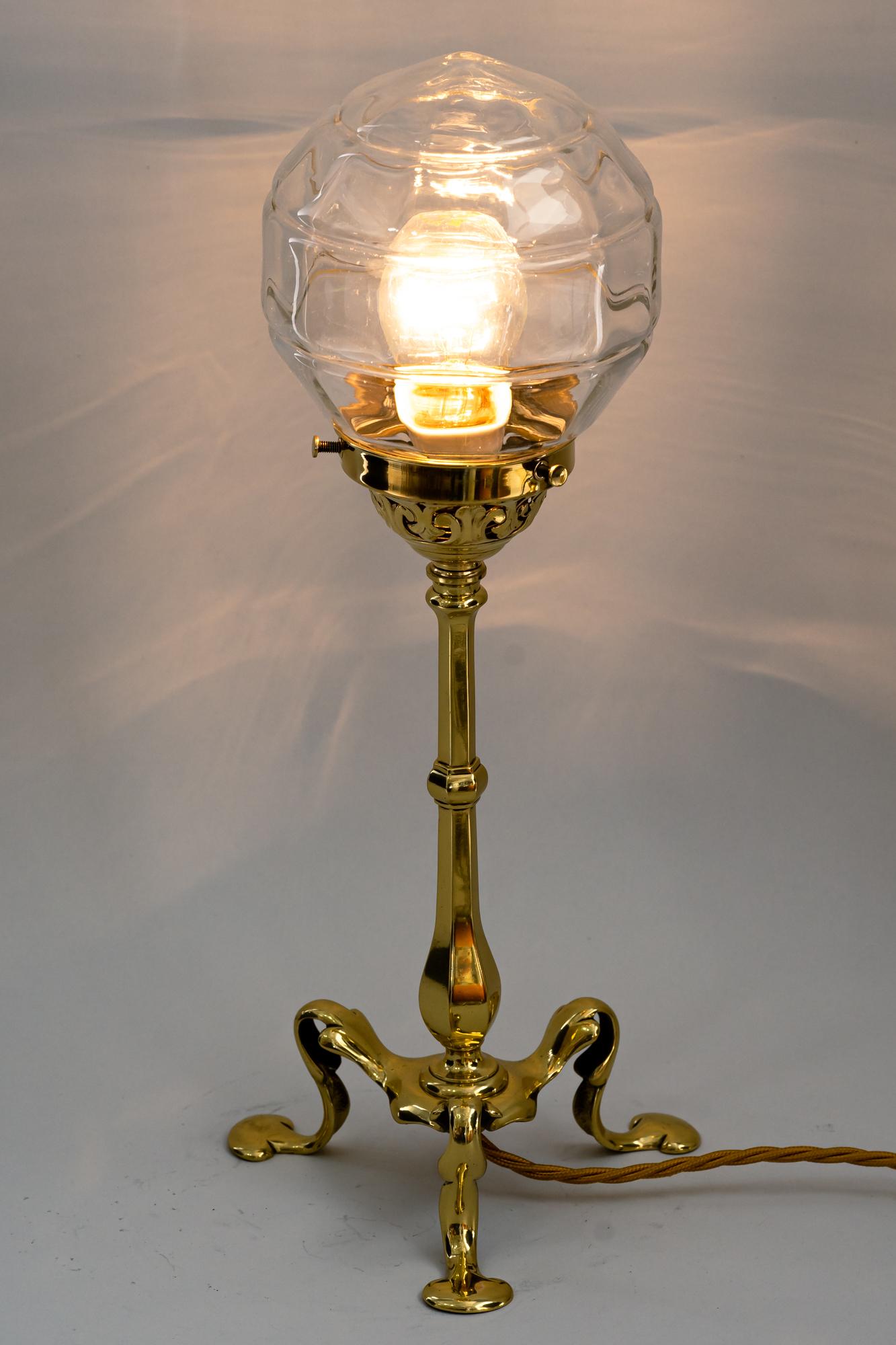 Brass Jugendstil Table Lamp with Original Glass Shade, Vienna, Around 1910s