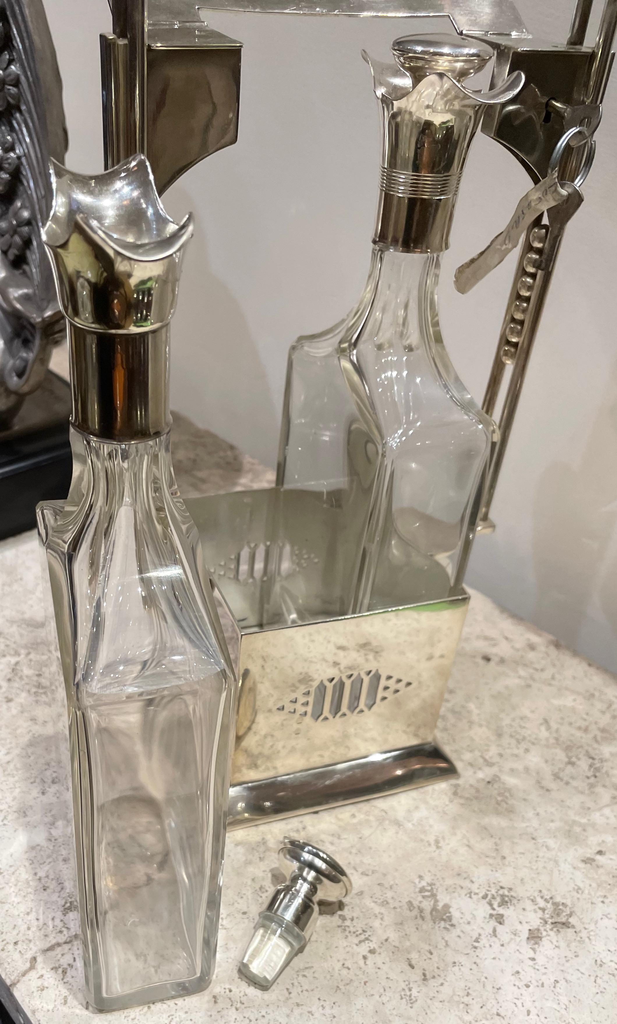 Early 20th Century Jugendstil Tantalus Two Bottle Silver Plate Vintage Liquor Set For Sale