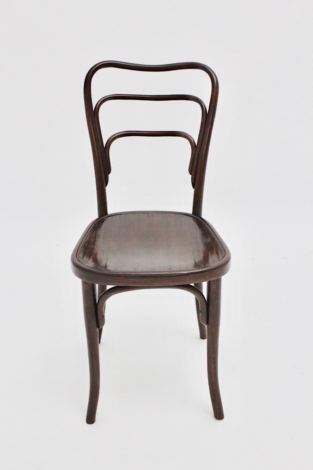 Jugendstil bentwood chair Model No. 249 a by J. & J. Kohn is a variant from the designed interior chair by Adolf Loos for the famed Cafe Museum in the heart of Vienna.
The chair was made of beech bentwood, while the seat was made of plywood. It is