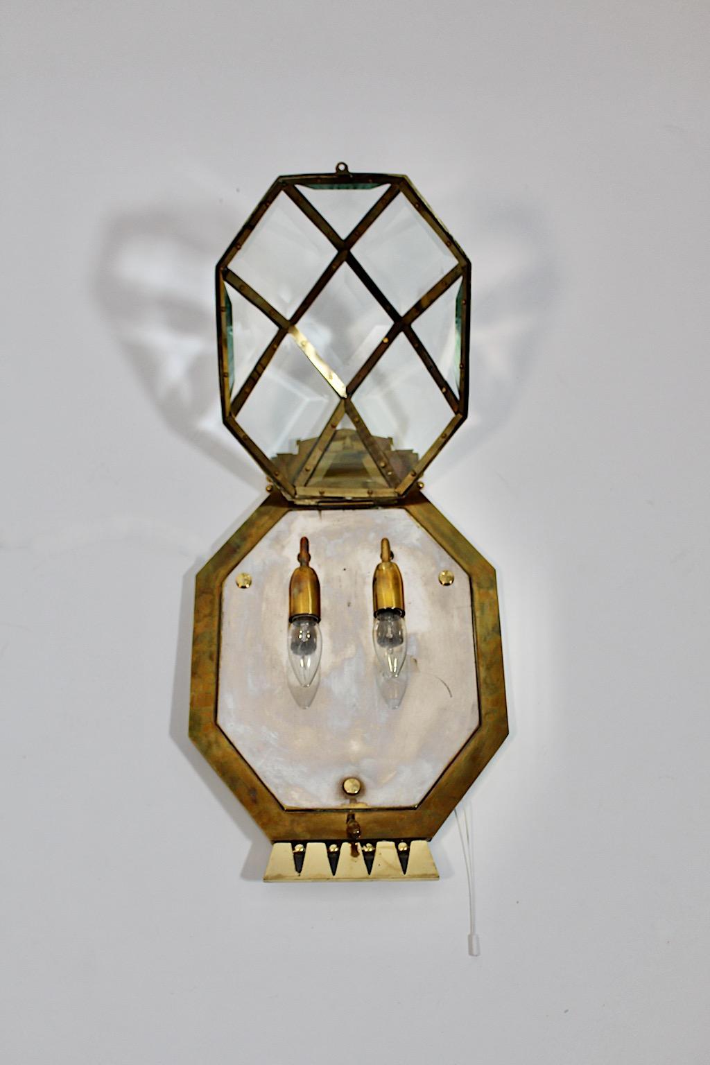 Jugendstil Vintage Brass Glass Geometric Sconce Wall Light circa 1910 Vienna 2