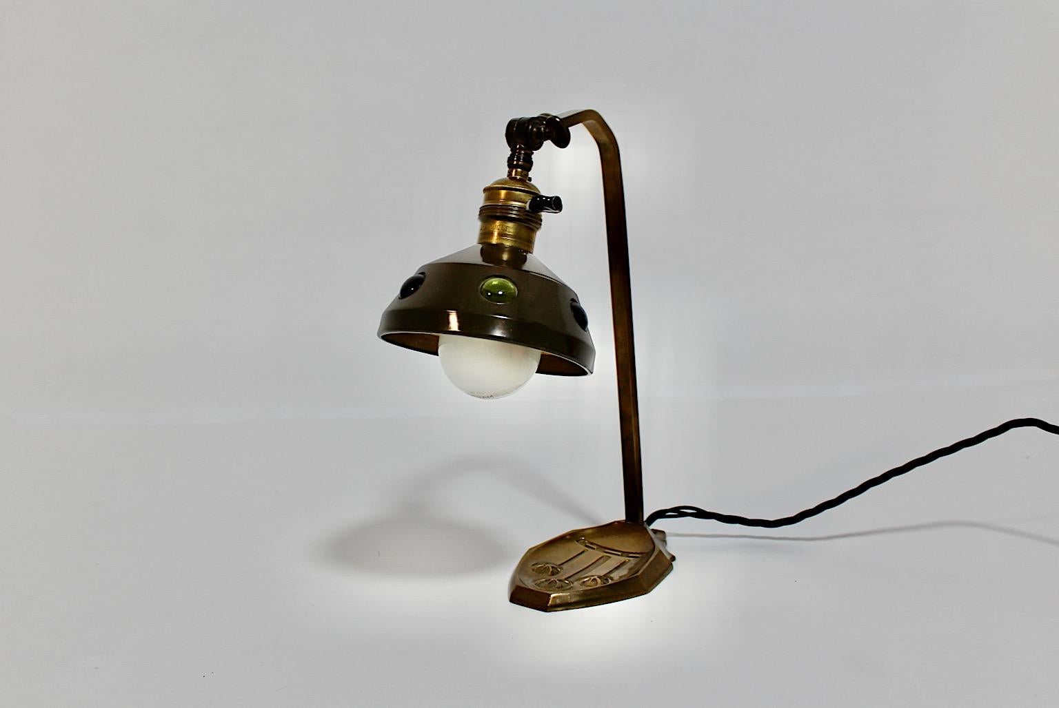 Jugendstil Vintage Brass Multicolored Glass Stones Table Lamp 1910 Austria For Sale 5