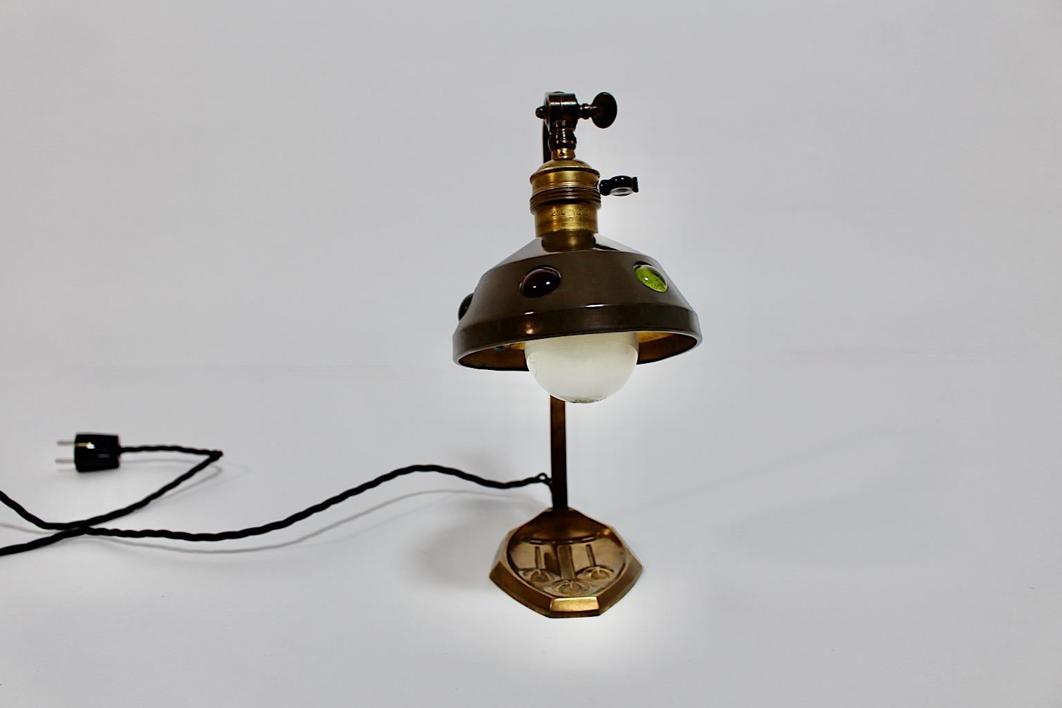 Jugendstil Vintage Brass Multicolored Glass Stones Table Lamp 1910 Austria For Sale 6