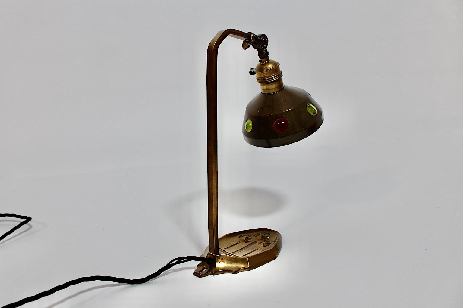 Austrian Jugendstil Vintage Brass Multicolored Glass Stones Table Lamp 1910 Austria For Sale