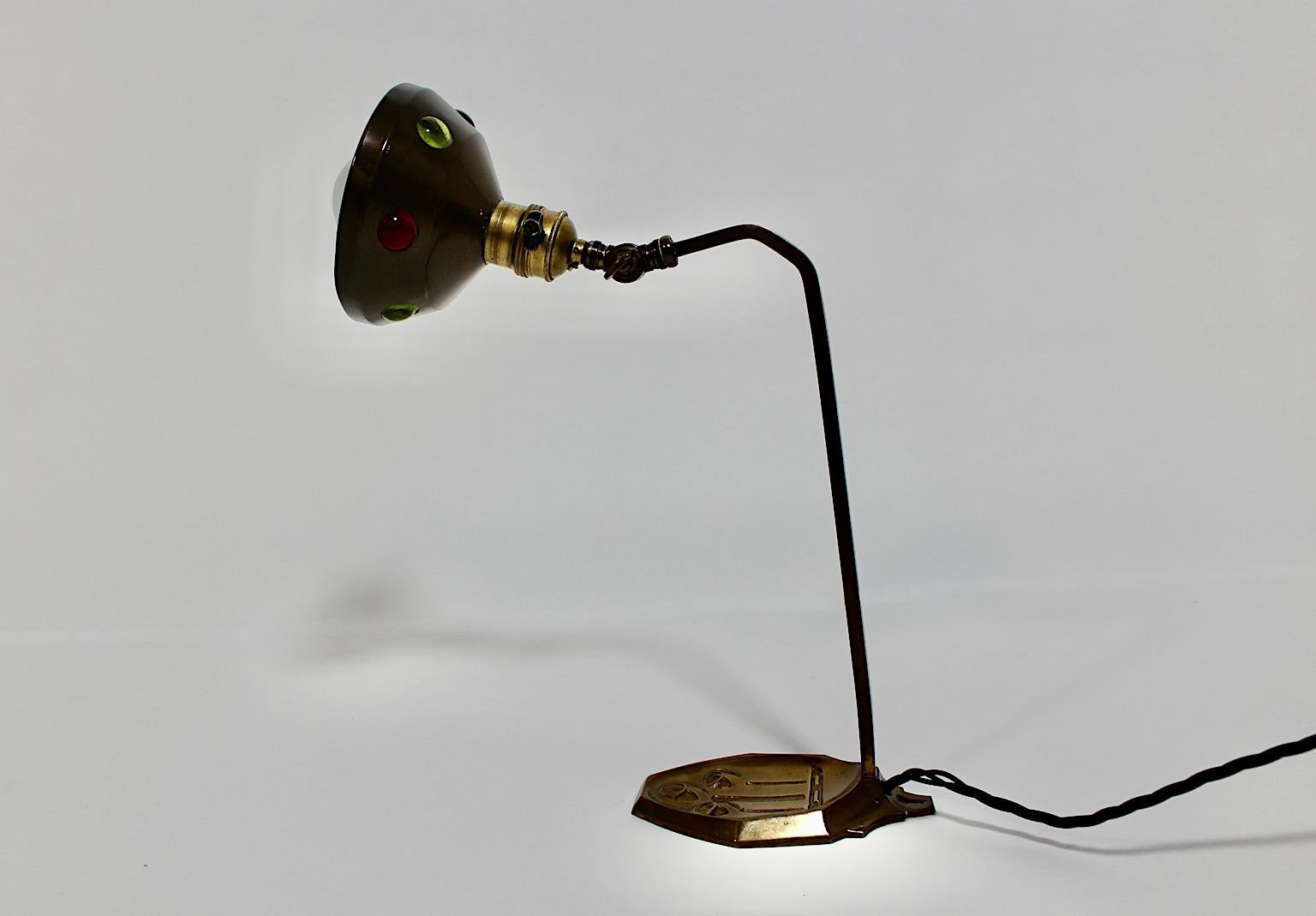 Early 20th Century Jugendstil Vintage Brass Multicolored Glass Stones Table Lamp 1910 Austria For Sale