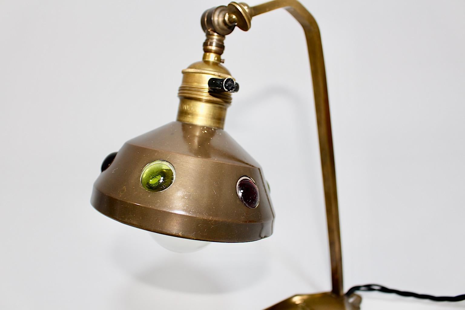 Jugendstil Vintage Brass Multicolored Glass Stones Table Lamp 1910 Austria For Sale 2