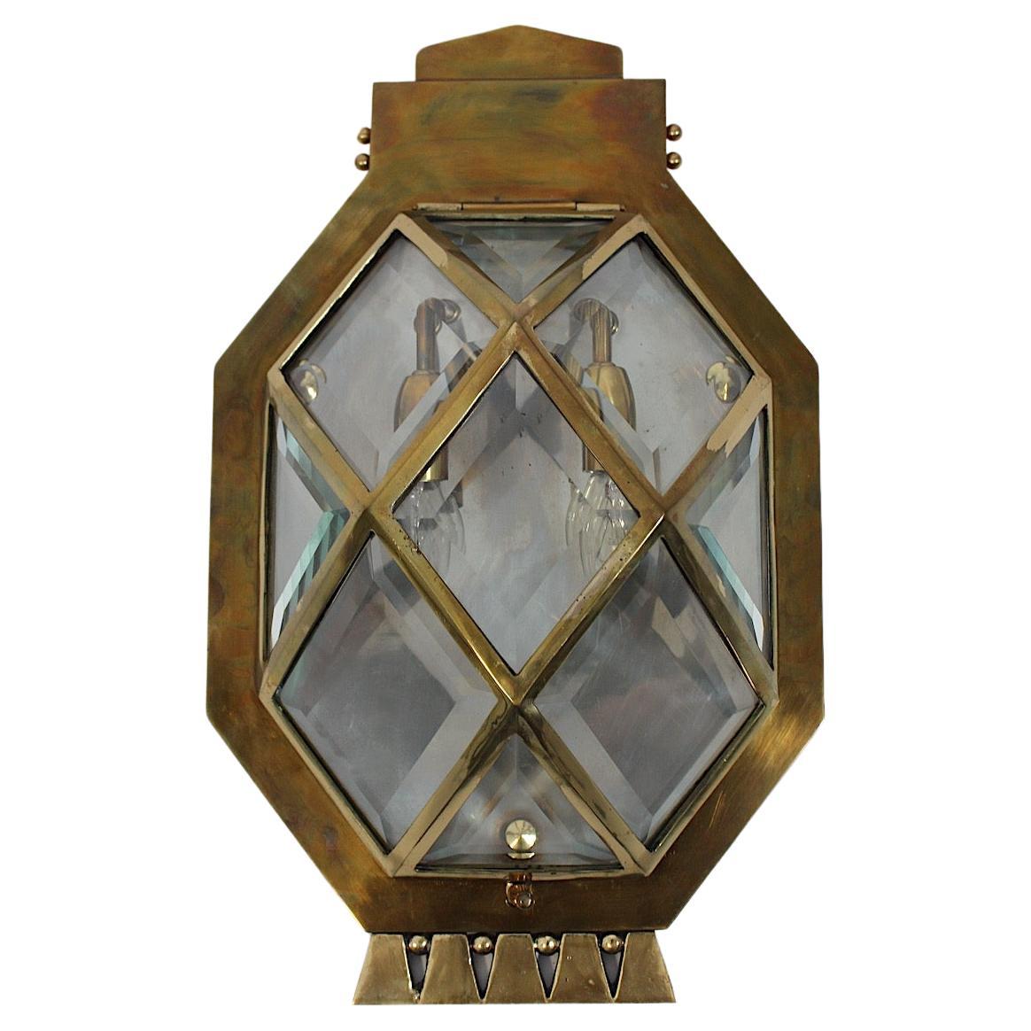 Jugendstil Vintage Geometric Sconce Wall Light Brass Glass circa 1910 Vienna For Sale