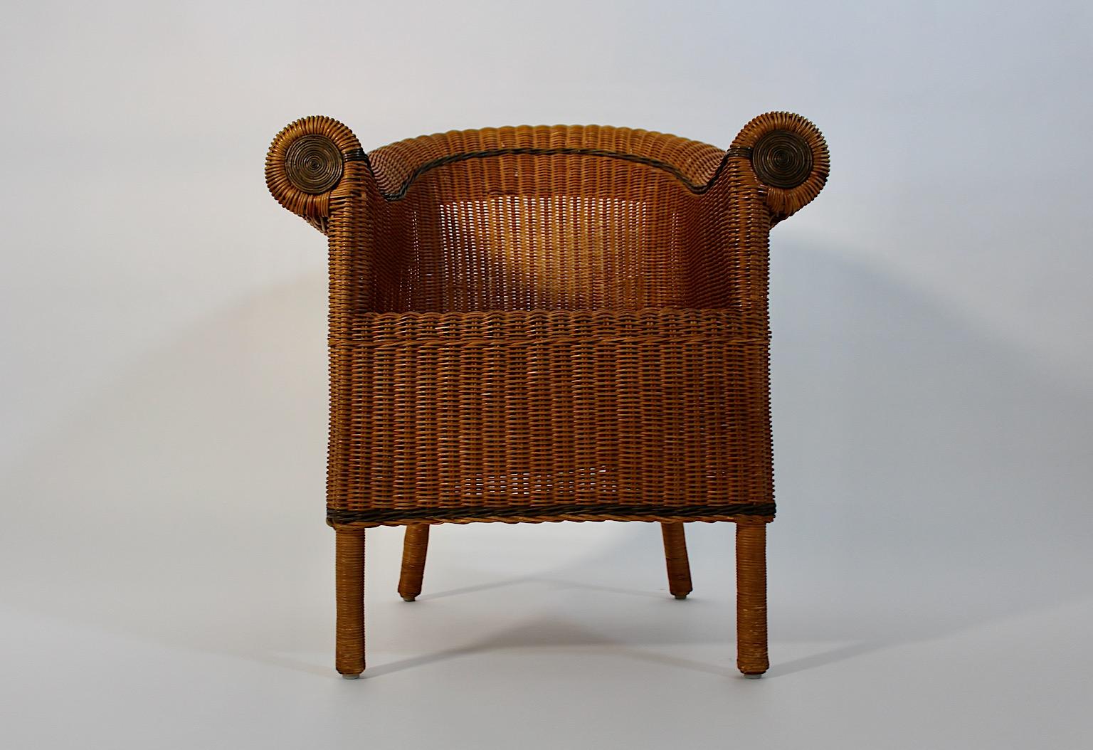 Jugendstil-Rattan-Sessel im Vintage-Stil, Loungesessel Prag-Rudniker Korbwaren, Prag-Rudniker, um 1910 (Frühes 20. Jahrhundert) im Angebot