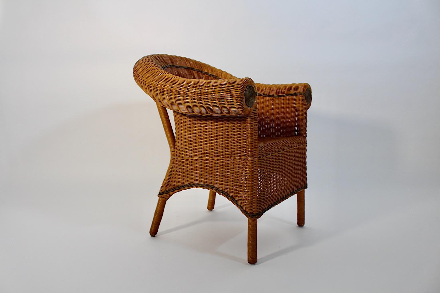 Rotin Fauteuil de salon vintage Jugendstil Prag-Rudniker Korbwaren vers 1910 en vente