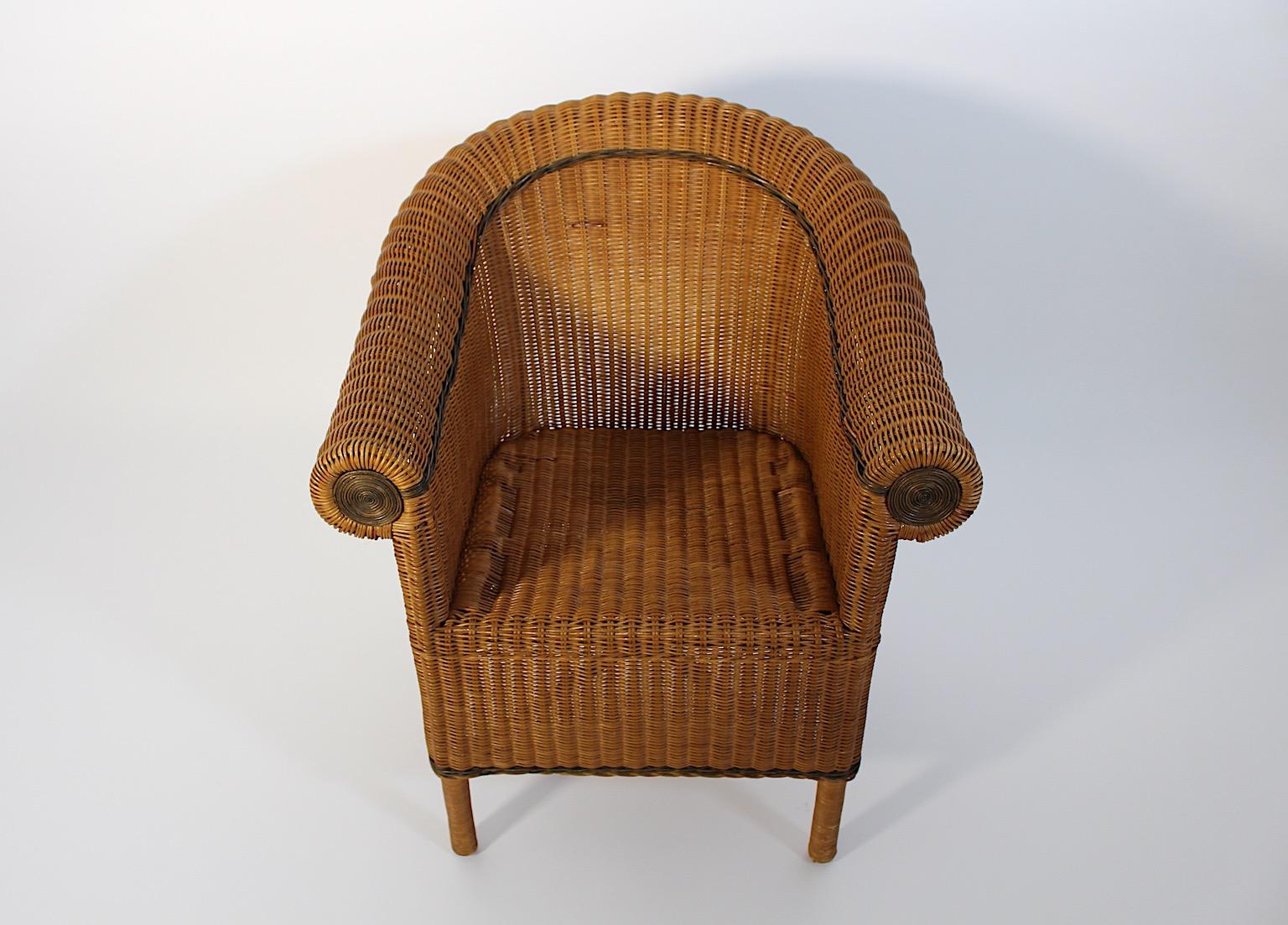 Jugendstil-Rattan-Sessel im Vintage-Stil, Loungesessel Prag-Rudniker Korbwaren, Prag-Rudniker, um 1910 im Angebot 4