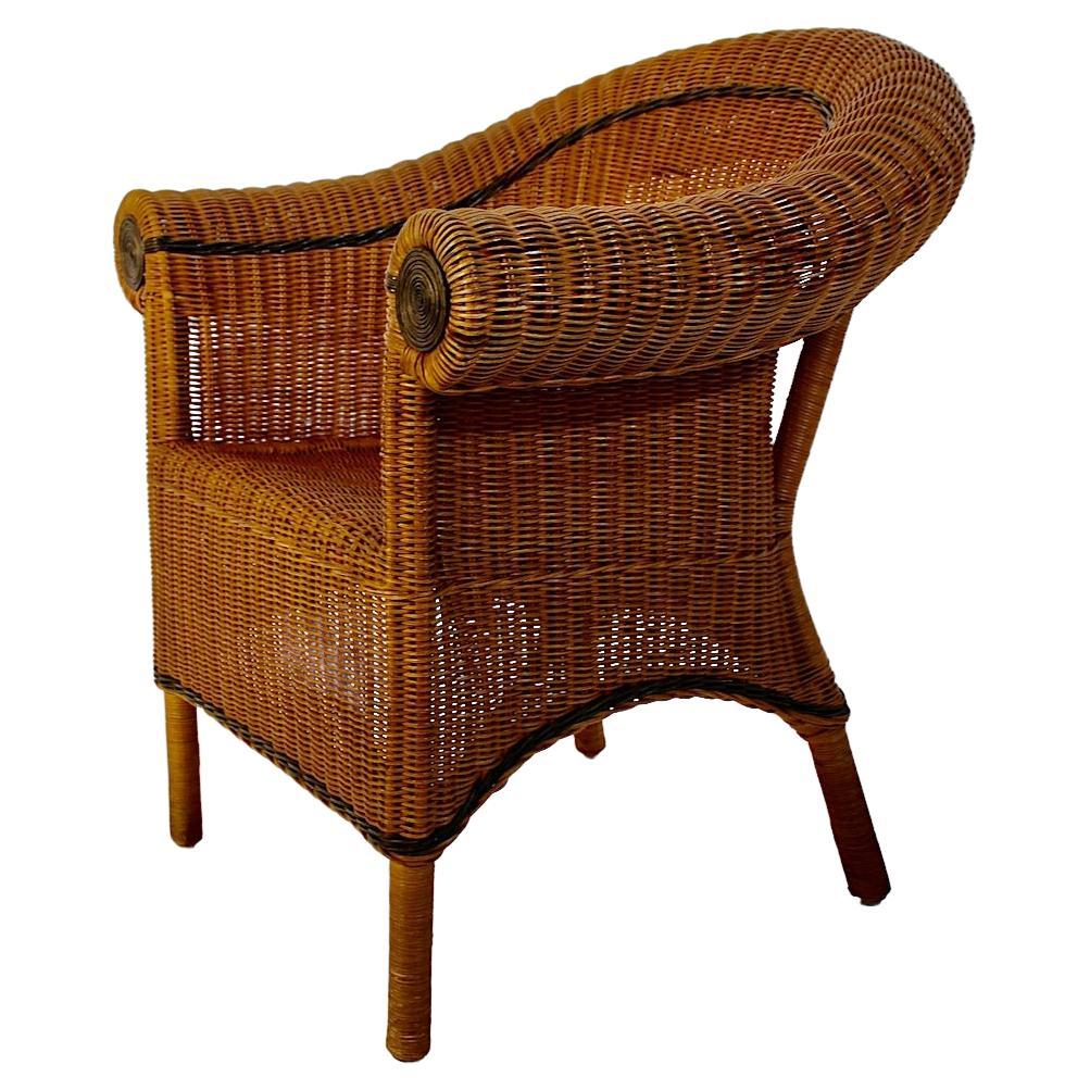 Jugendstil-Rattan-Sessel im Vintage-Stil, Loungesessel Prag-Rudniker Korbwaren, Prag-Rudniker, um 1910 im Angebot