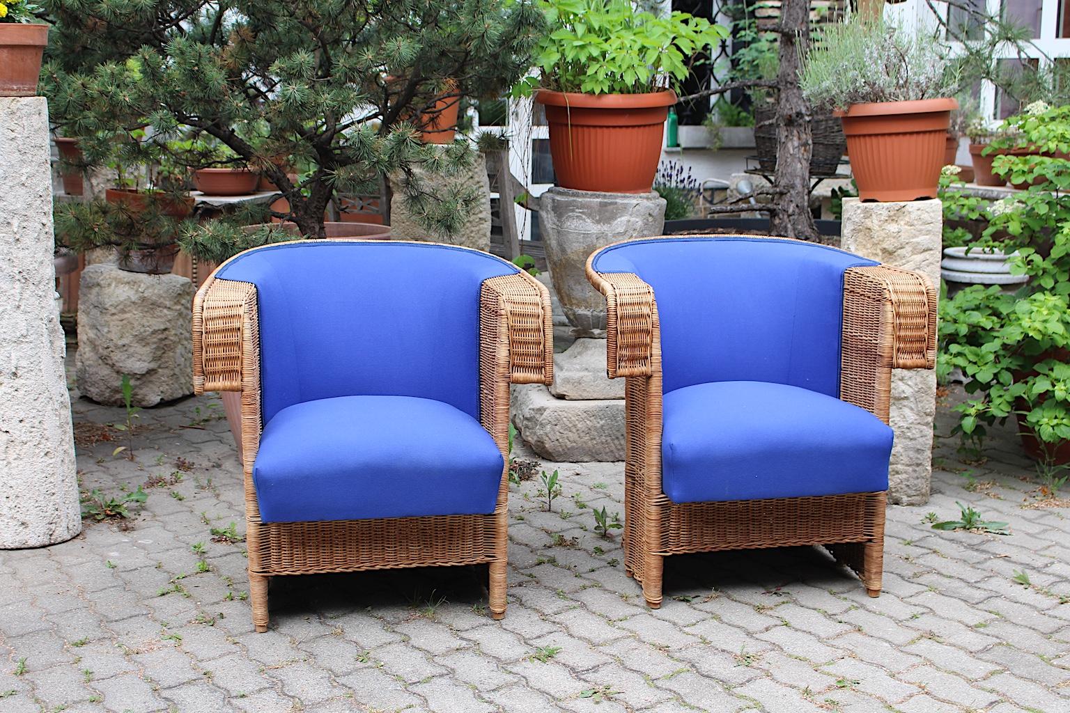 Austrian Jugendstil Vintage Rattan Armchairs or Club Chairs by Hans Vollmer, Vienna For Sale