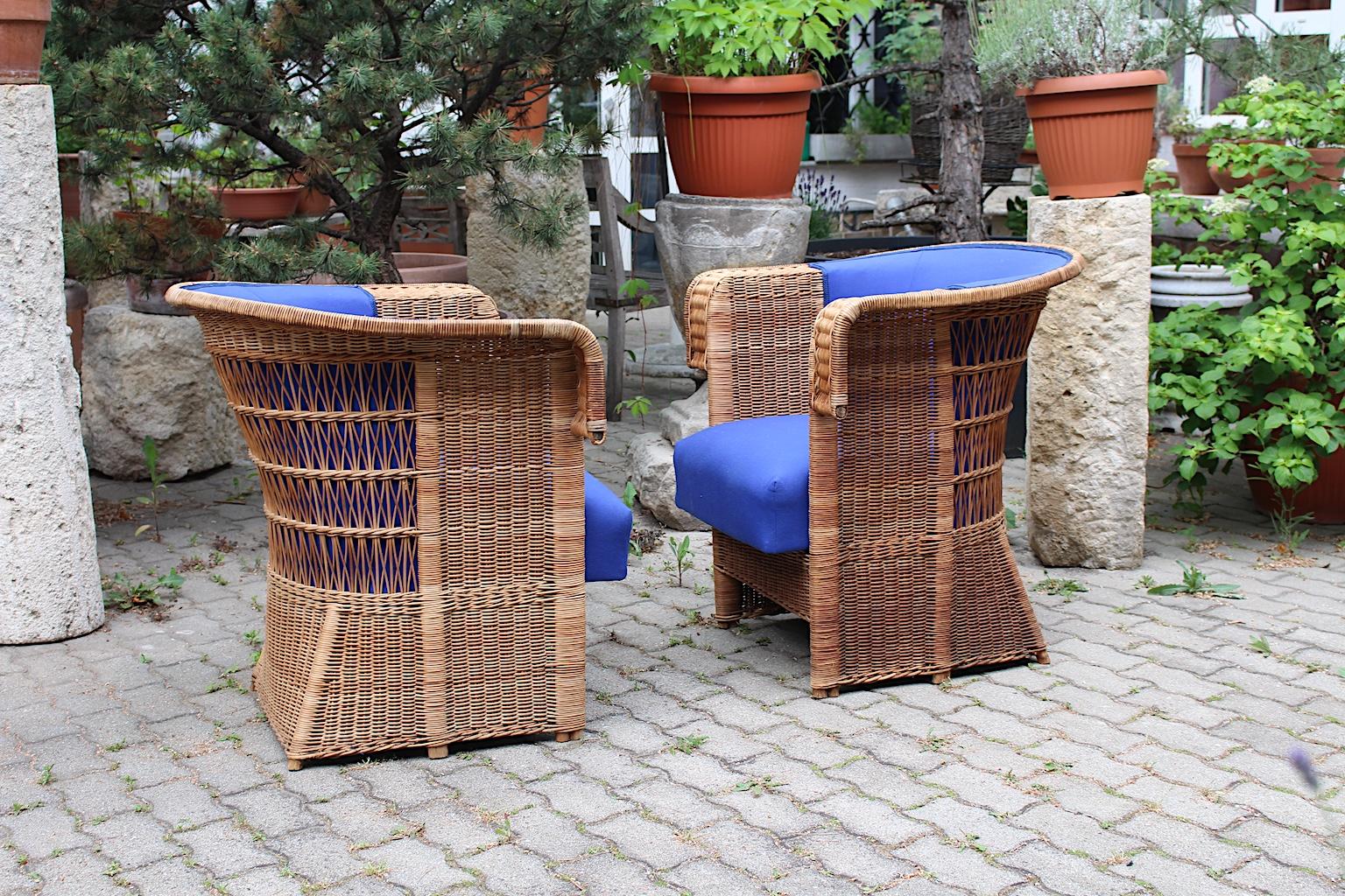 Fabric Jugendstil Vintage Rattan Armchairs or Club Chairs by Hans Vollmer, Vienna For Sale