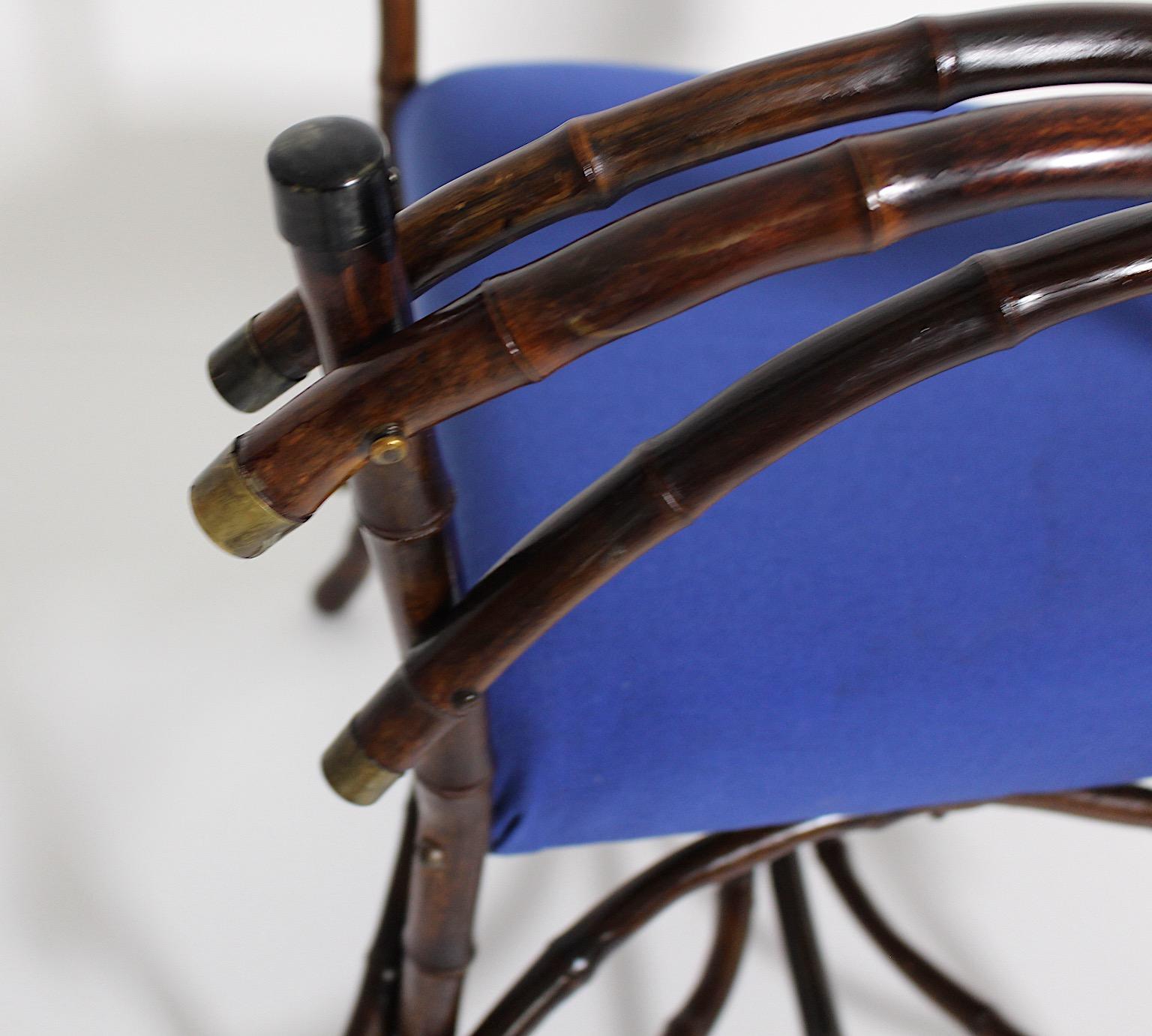 Jugendstil Vintage Rattan Bamboo Blue Armchair Side Chair circa 1915 Austria For Sale 4