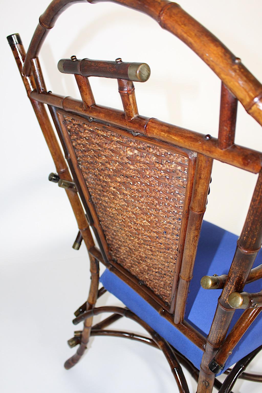 Jugendstil Vintage Rattan Bamboo Blue Armchair Side Chair circa 1915 Austria For Sale 5