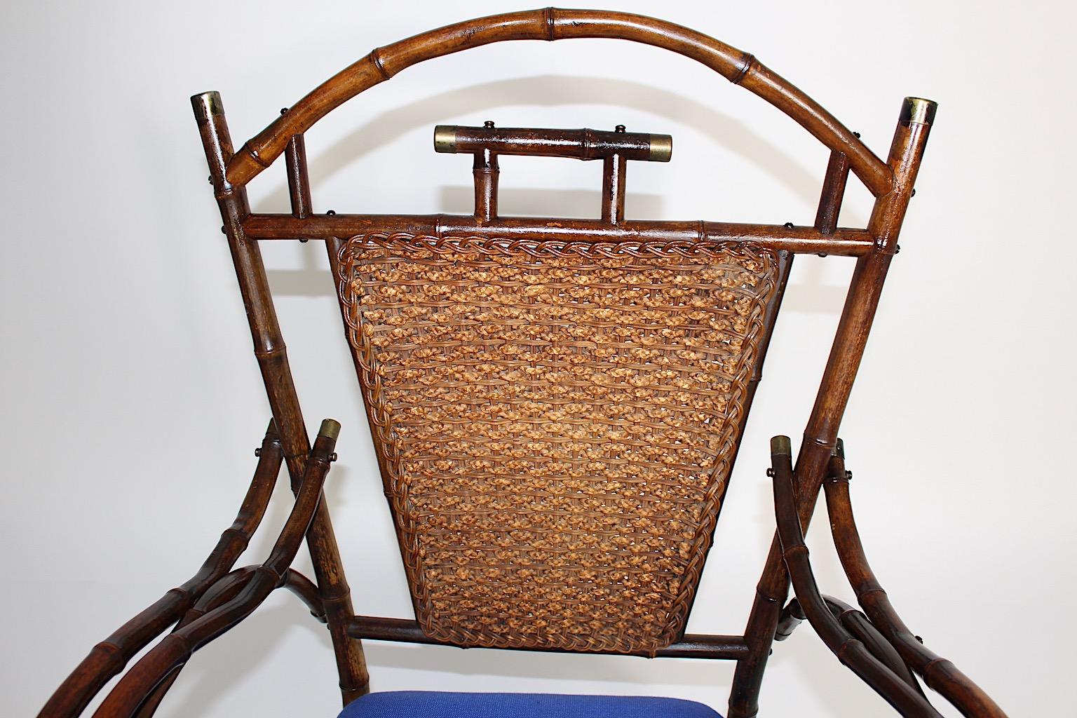 Jugendstil Vintage Rattan Bamboo Blue Armchair Side Chair circa 1915 Austria For Sale 6