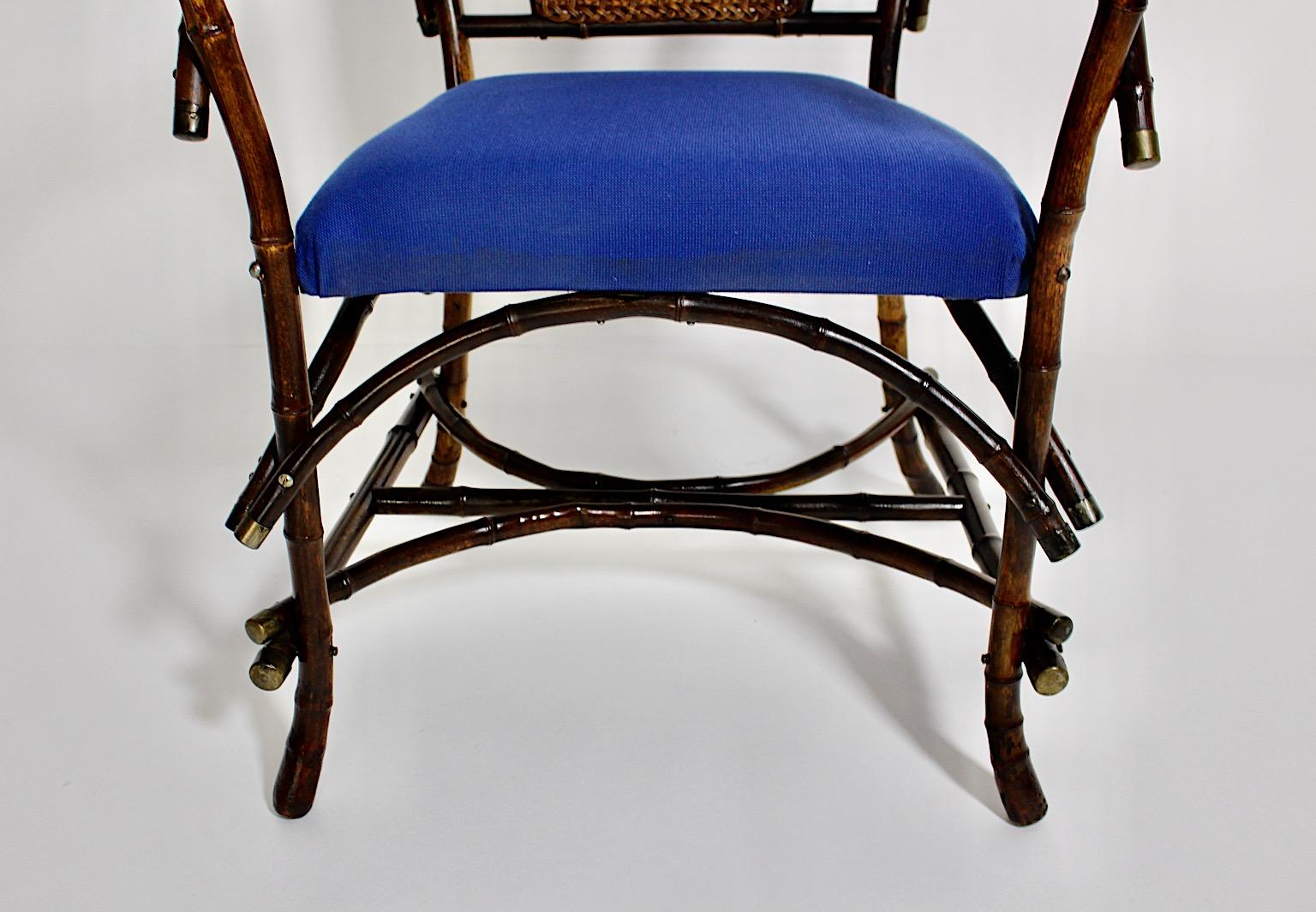 Jugendstil Vintage Rattan Bamboo Blue Armchair Side Chair circa 1915 Austria For Sale 7