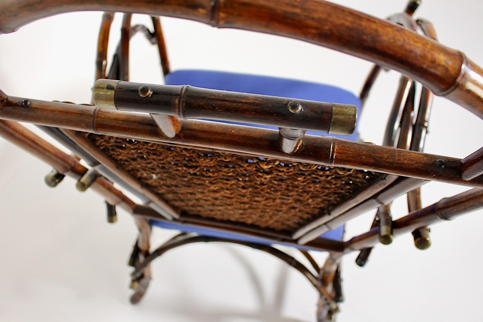 Jugendstil Vintage Rattan Bamboo Blue Armchair Side Chair circa 1915 Austria For Sale 8