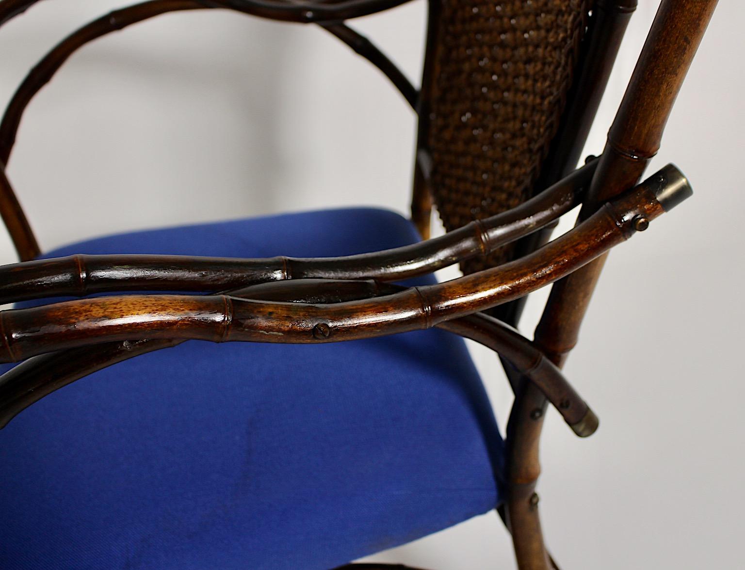 Jugendstil Vintage Rattan Bamboo Blue Armchair Side Chair circa 1915 Austria For Sale 11