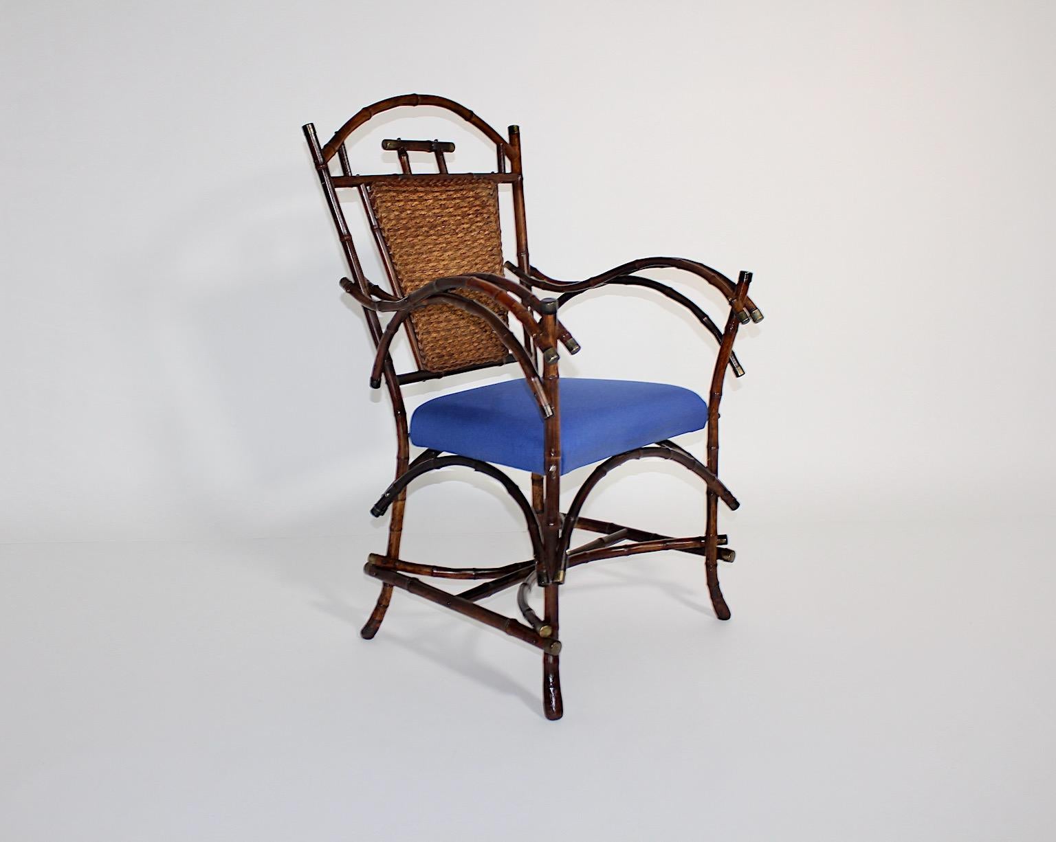 Austrian Jugendstil Vintage Rattan Bamboo Blue Armchair Side Chair circa 1915 Austria For Sale