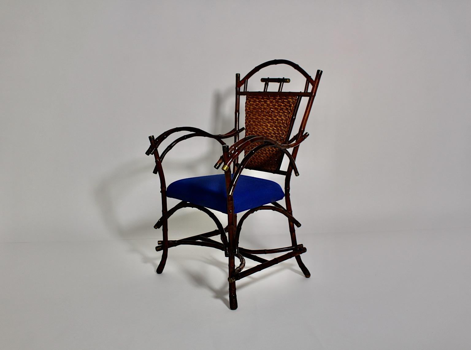 Jugendstil Vintage Rattan Bamboo Blue Armchair Side Chair circa 1915 Austria In Good Condition For Sale In Vienna, AT