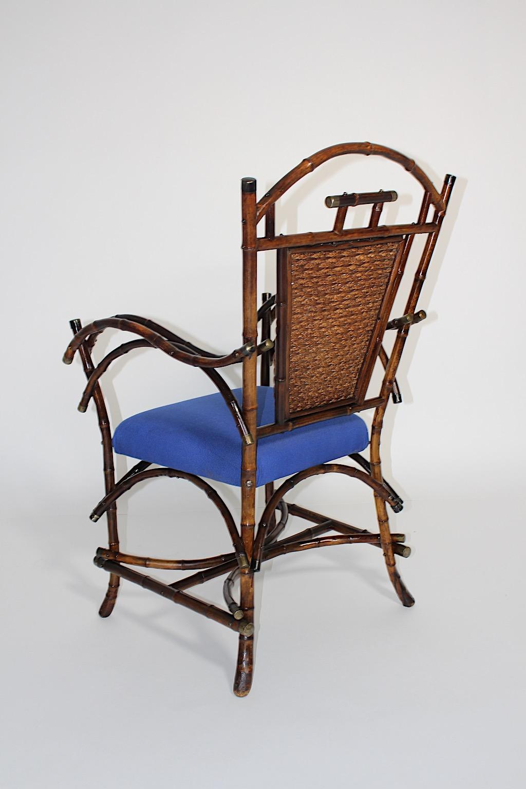 Early 20th Century Jugendstil Vintage Rattan Bamboo Blue Armchair Side Chair circa 1915 Austria For Sale