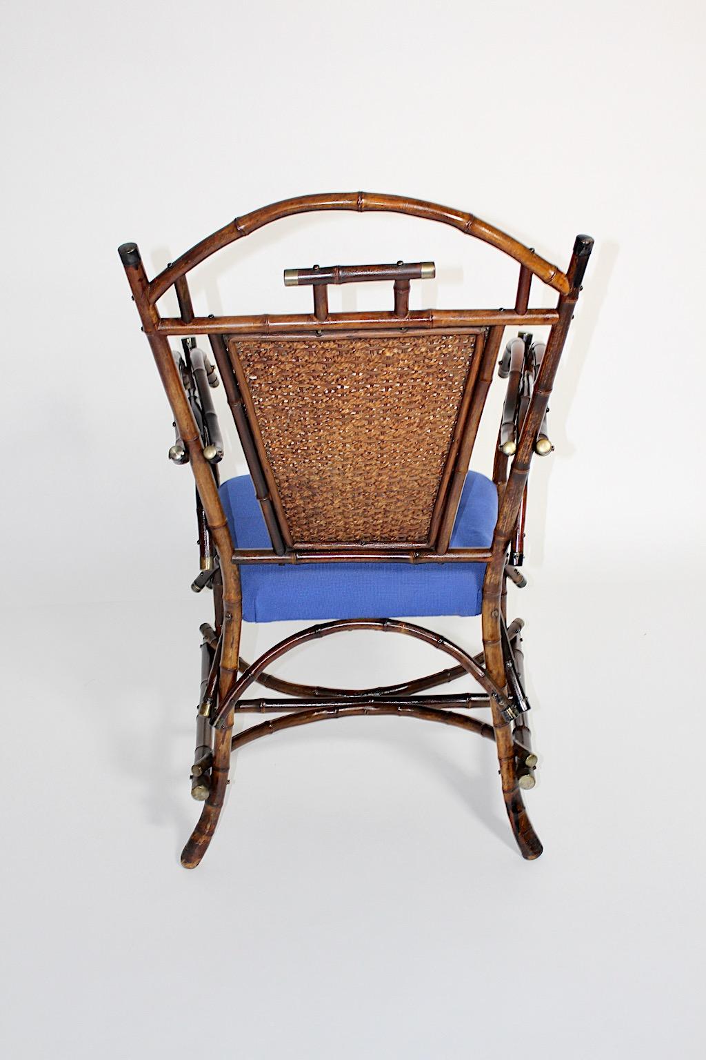 Fabric Jugendstil Vintage Rattan Bamboo Blue Armchair Side Chair circa 1915 Austria For Sale