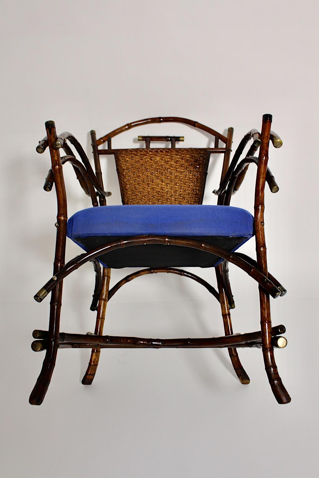 Jugendstil Vintage Rattan Bamboo Blue Armchair Side Chair circa 1915 Austria For Sale 1