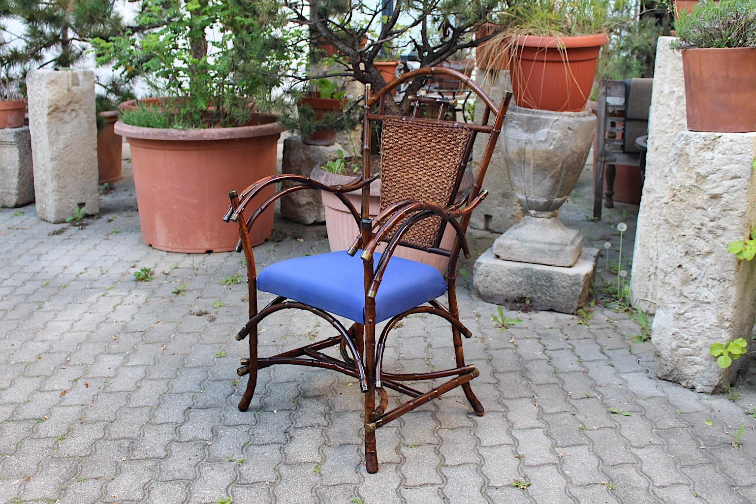 Jugendstil Vintage Rattan Bamboo Blue Armchair Side Chair circa 1915 Austria For Sale 2