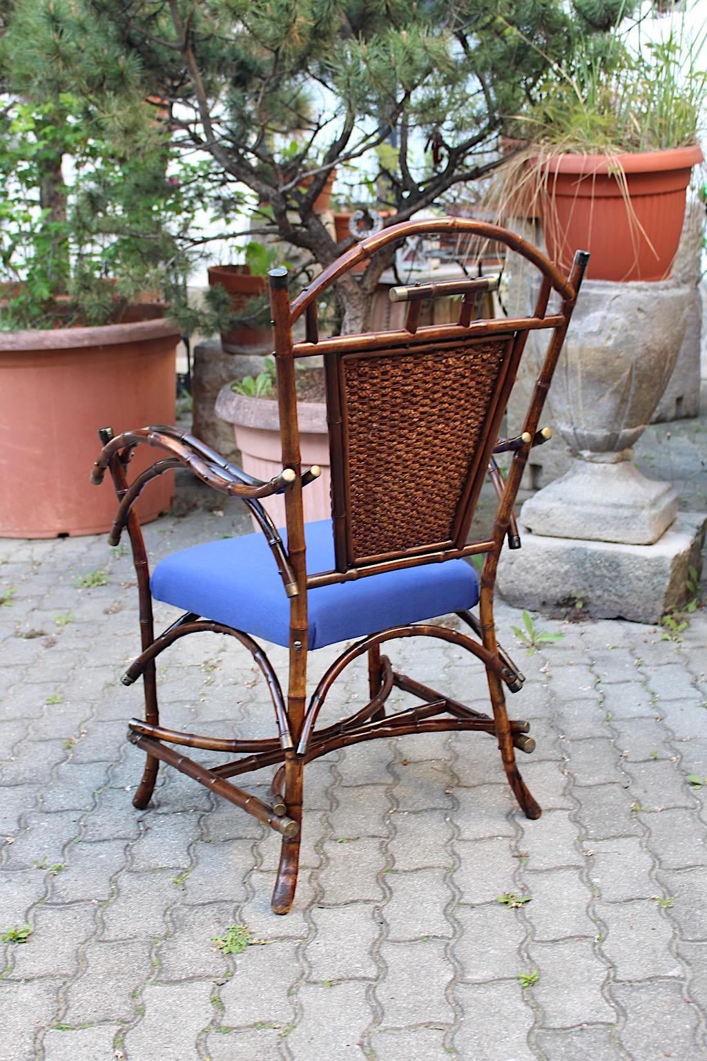 Jugendstil Vintage Rattan Bamboo Blue Armchair Side Chair circa 1915 Austria For Sale 3