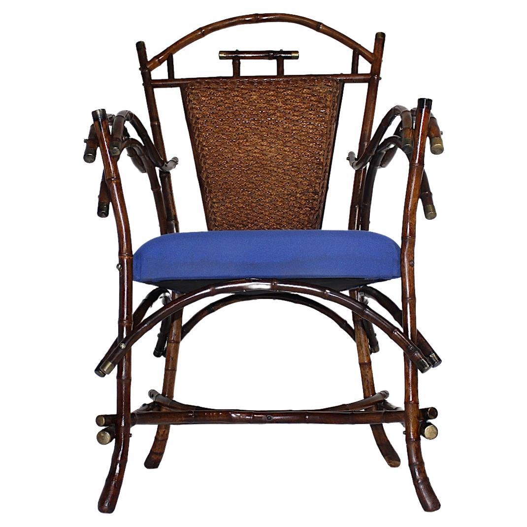Jugendstil Vintage Rattan Bamboo Blue Armchair Side Chair circa 1915 Austria For Sale