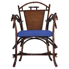 Jugendstil Vintage Rattan Bamboo Blue Armchair Side Chair circa 1915 Austria
