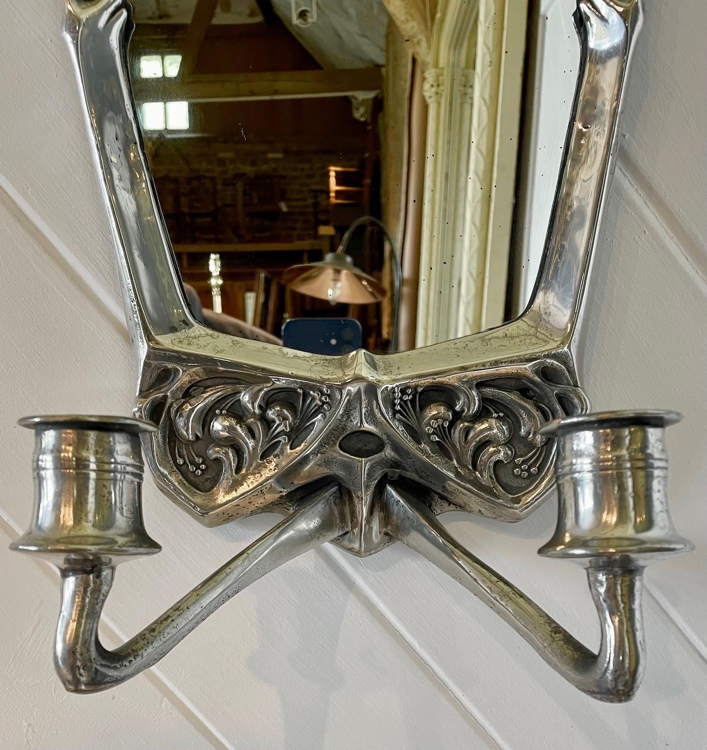 Metalwork Jugendstil Wall Mirror in pewter