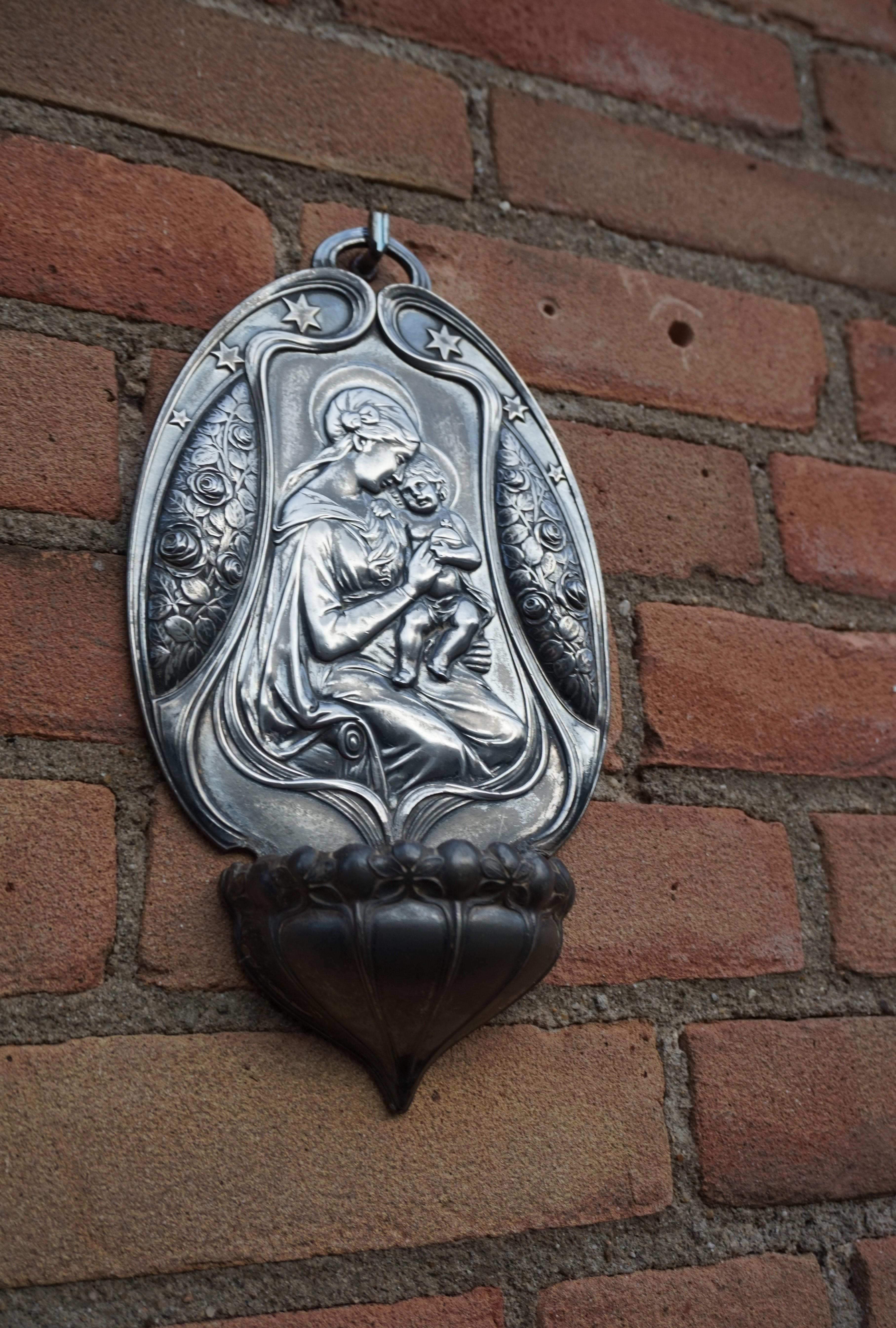 Jugendstil WMF Marked and Silvered Holy Water Font Depicting Mary & Child Jesus For Sale 6