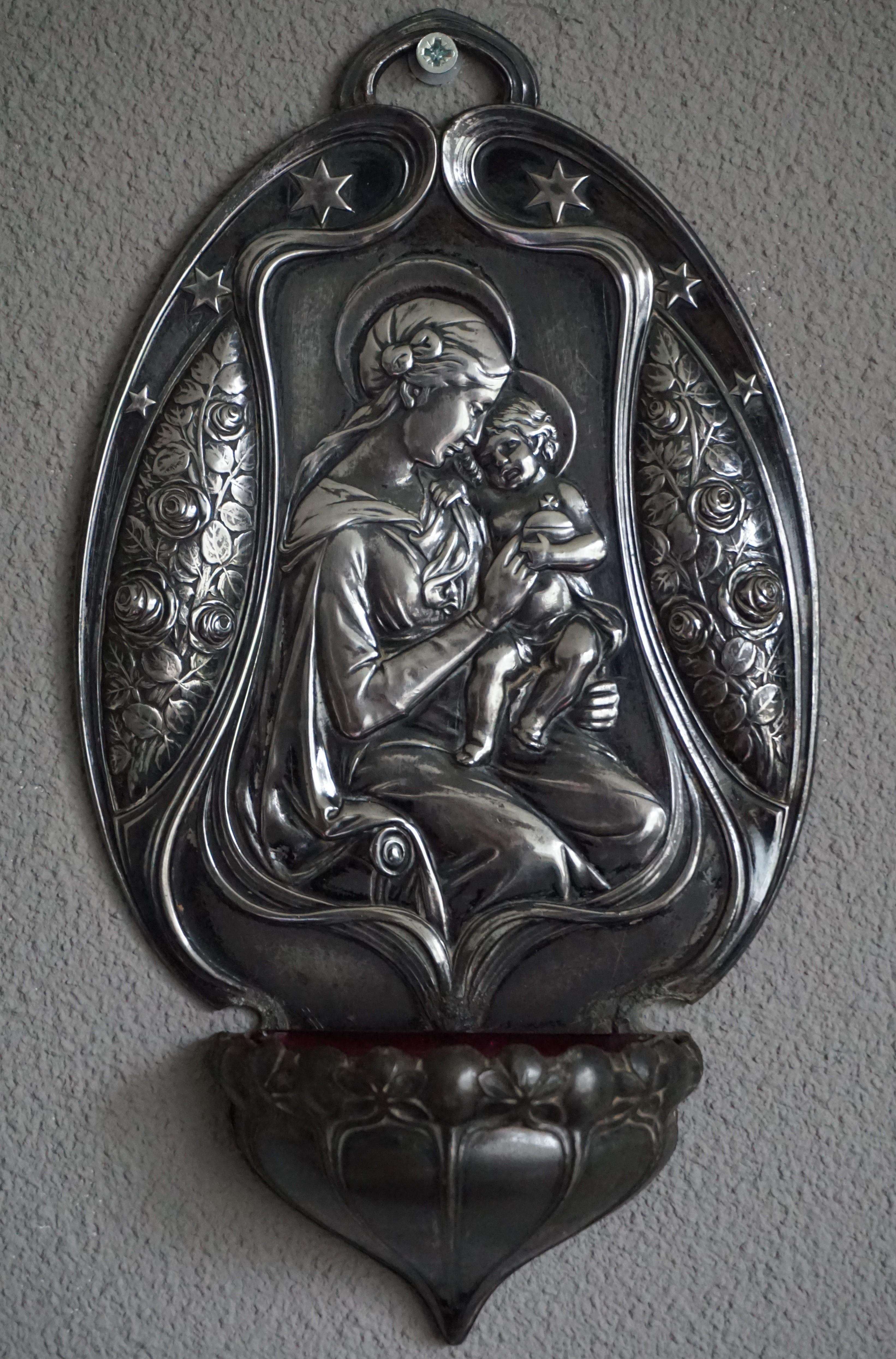Jugendstil WMF Marked and Silvered Holy Water Font Depicting Mary & Child Jesus For Sale 7