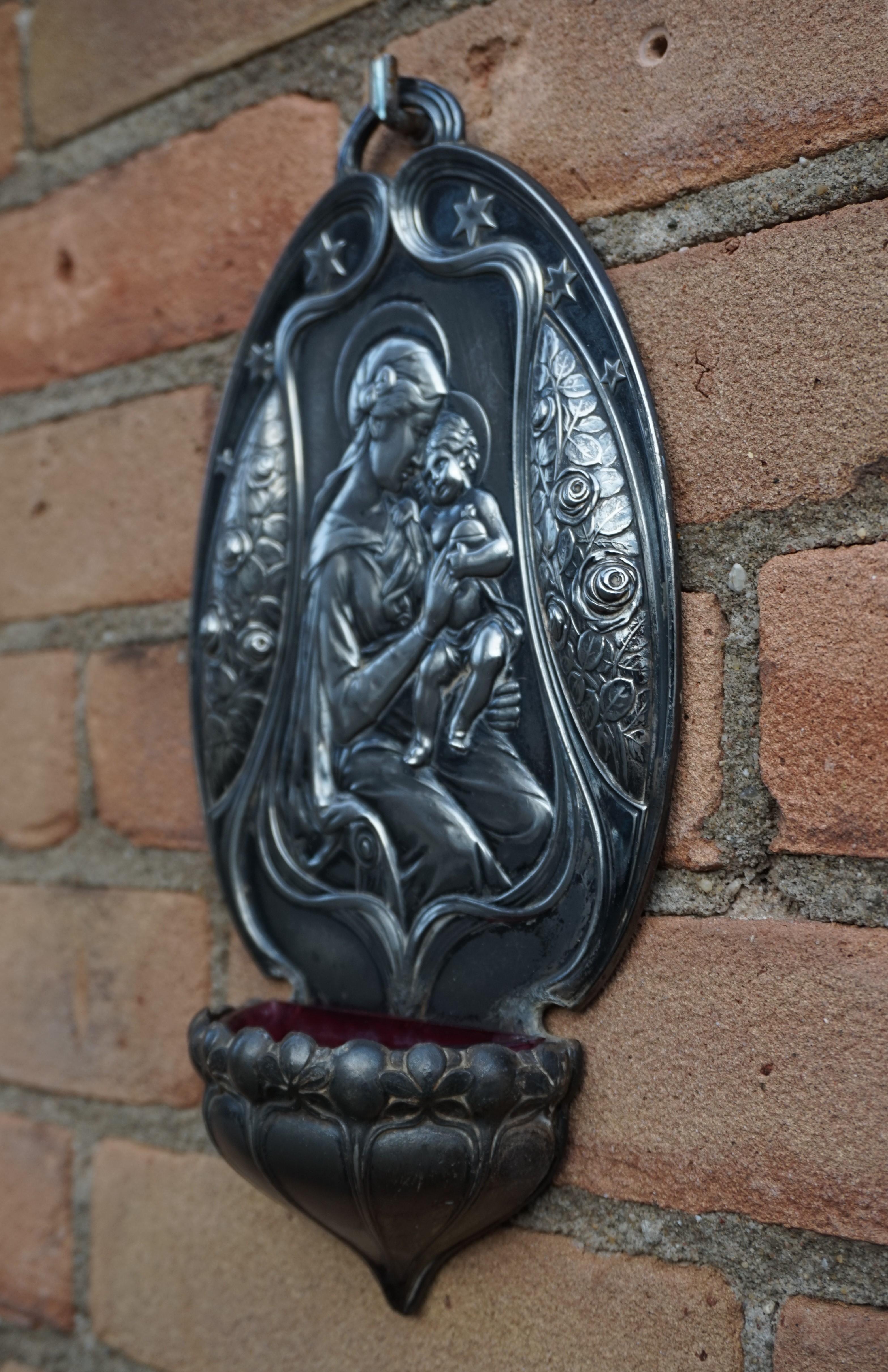 German Jugendstil WMF Marked and Silvered Holy Water Font Depicting Mary & Child Jesus For Sale