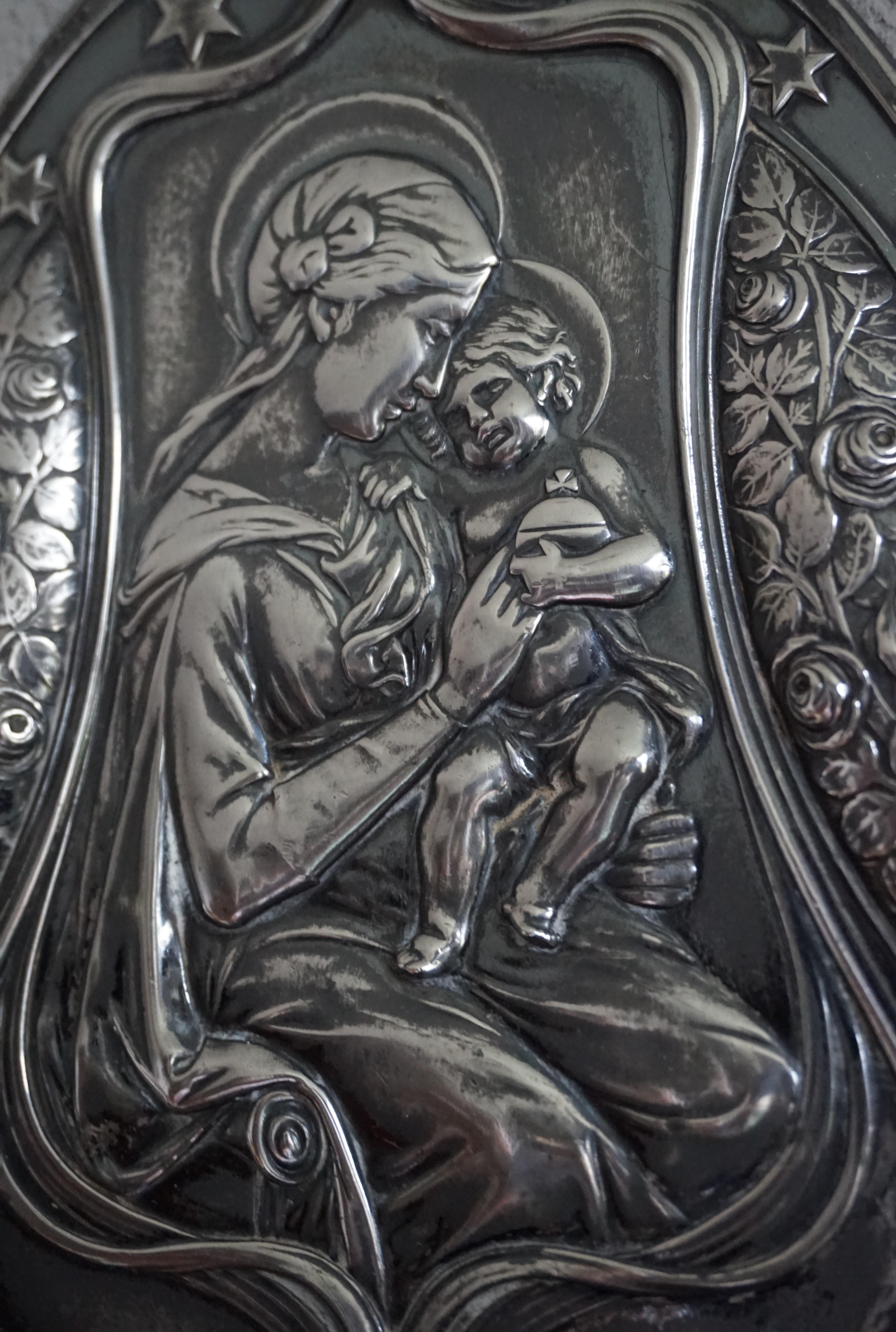 Jugendstil WMF Marked and Silvered Holy Water Font Depicting Mary & Child Jesus In Good Condition For Sale In Lisse, NL