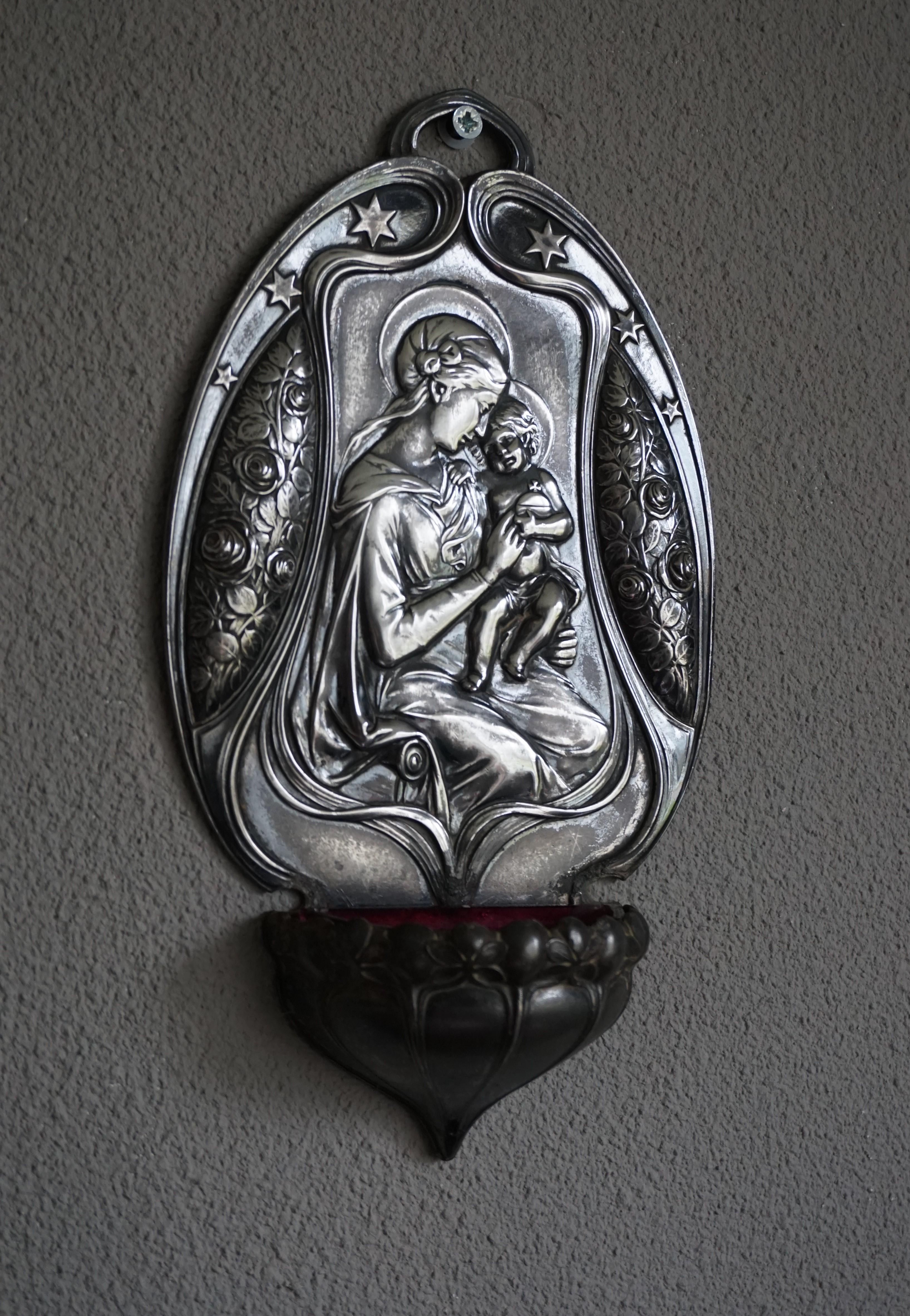 Jugendstil WMF Marked and Silvered Holy Water Font Depicting Mary & Child Jesus For Sale 1