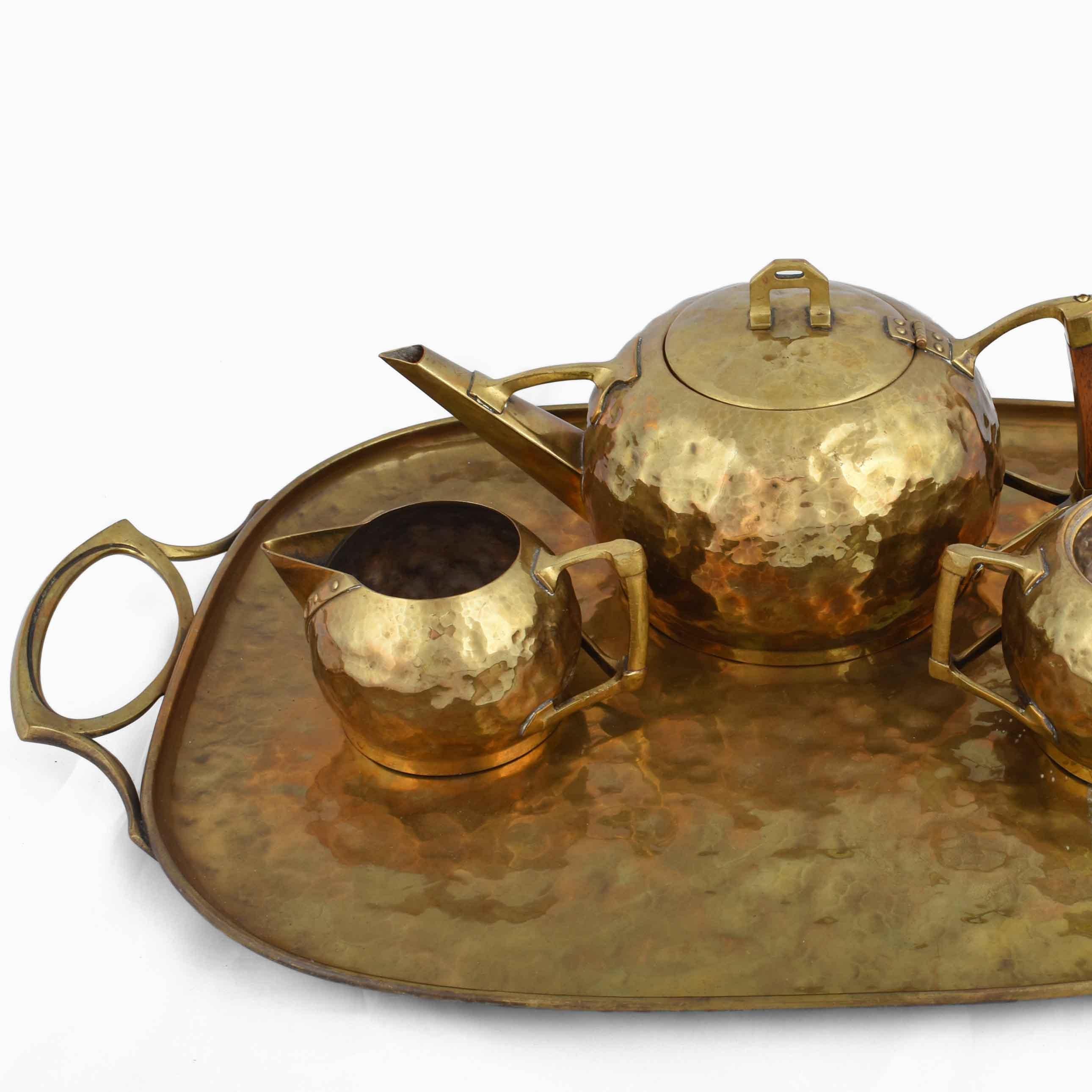 Jugendstil Jugenstil Brass Centrepiece / Teaset with Tray by Carl Deffner, Germany, 1910s For Sale